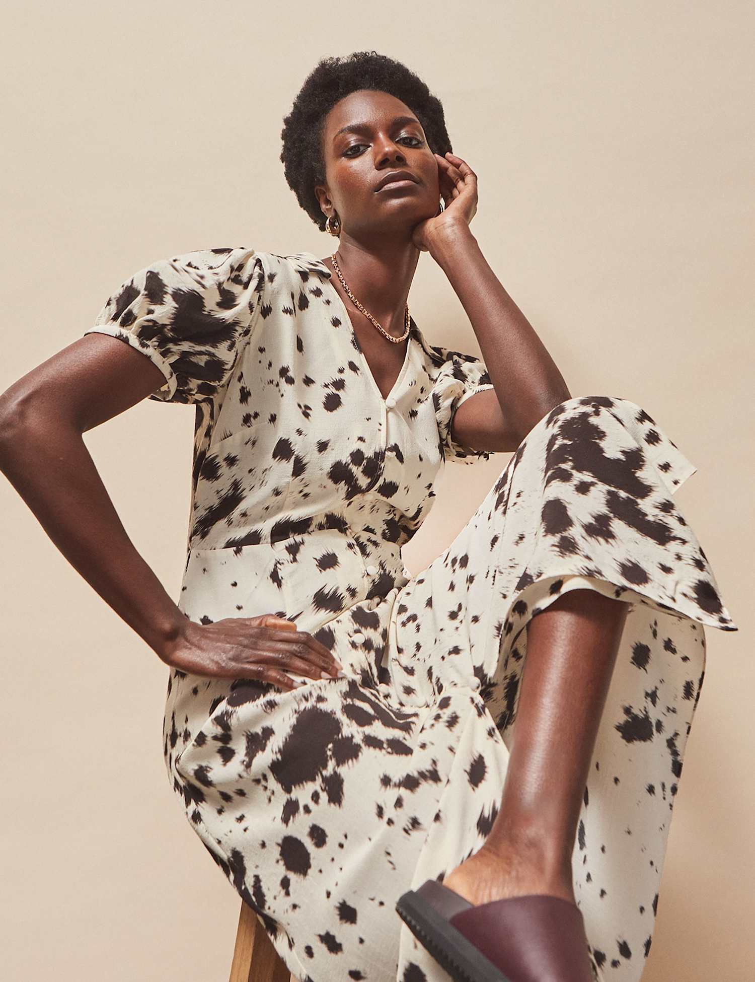 RO&ZO Animal Print Collared Midi Shirt Dress Ivory Mix