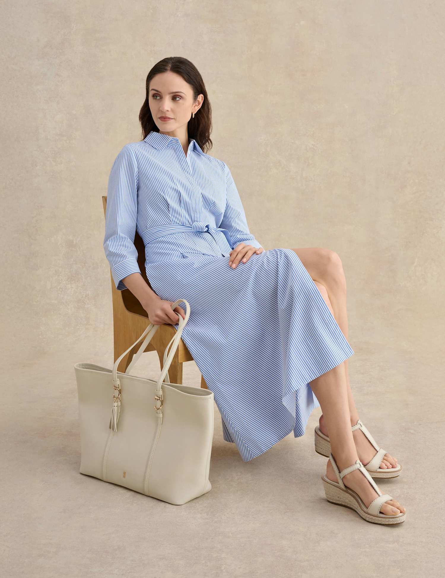 HOBBS Cotton Rich Striped Midi Shirt Dress Blue Mix