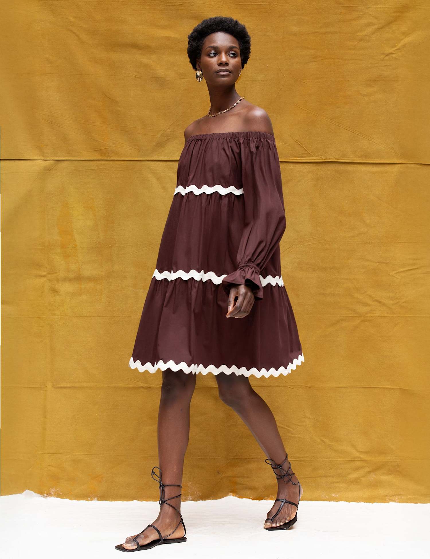 RO&ZO Pure Cotton Bardot Contrast Trim Mini Dress Brown