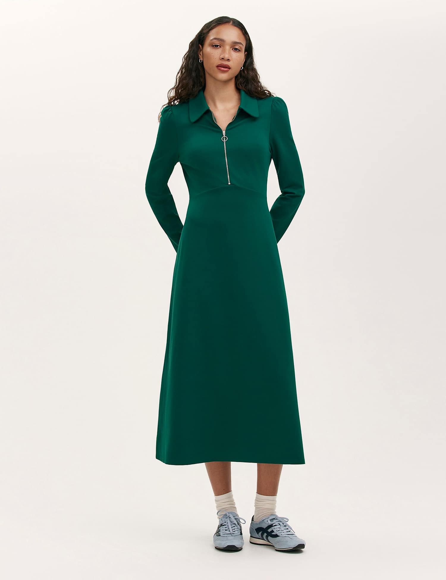 Finery London Jersey Zip Neck Midi Skater Dress Green