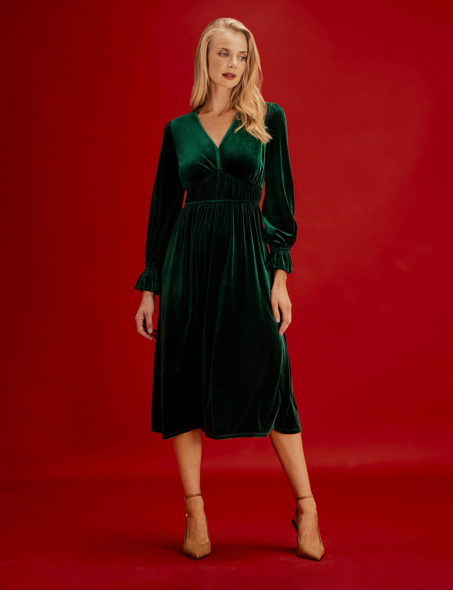Finery London Velvet V-Neck Midi Waisted Dress Green