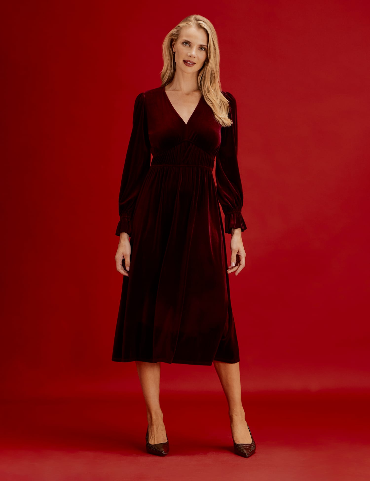 Finery London Velvet V-Neck Midi Waisted Dress Burgundy