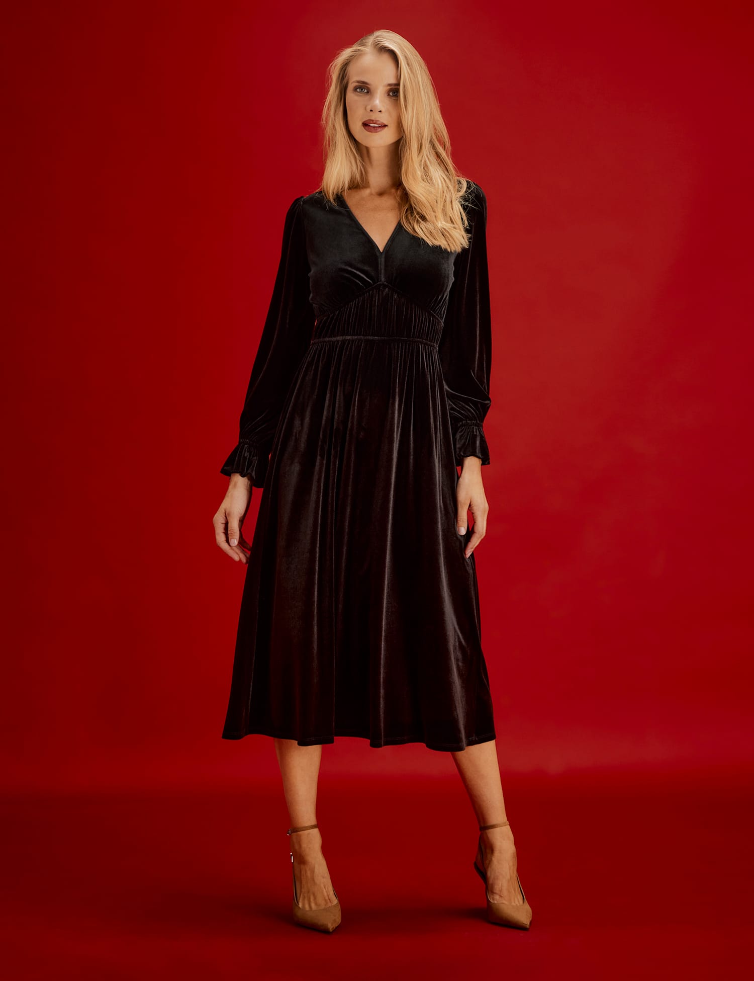 Finery London Velvet V-Neck Midi Waisted Dress Black