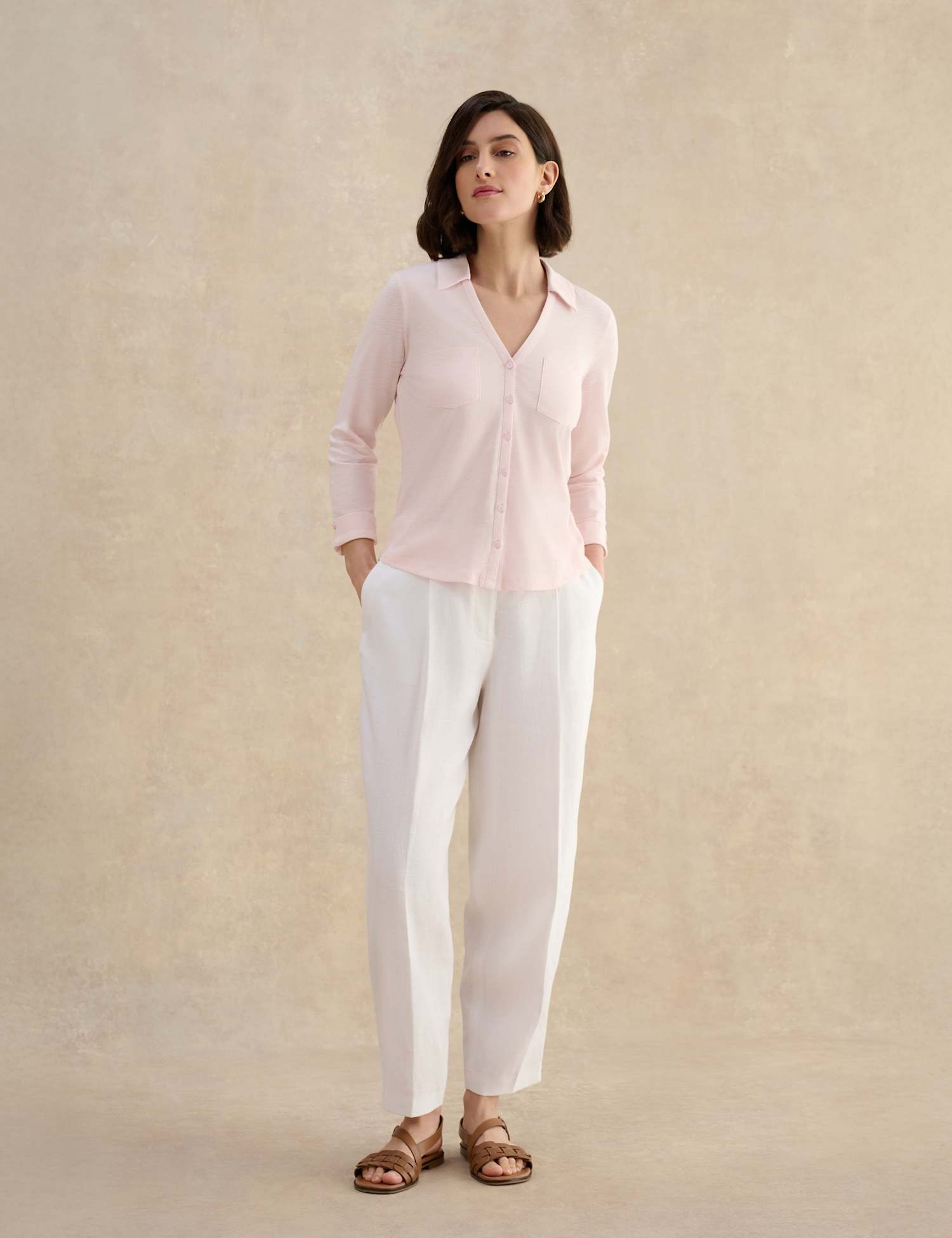 HOBBS Pure Cotton Collared V-Neck 3/4 Sleeve Shirt Pink