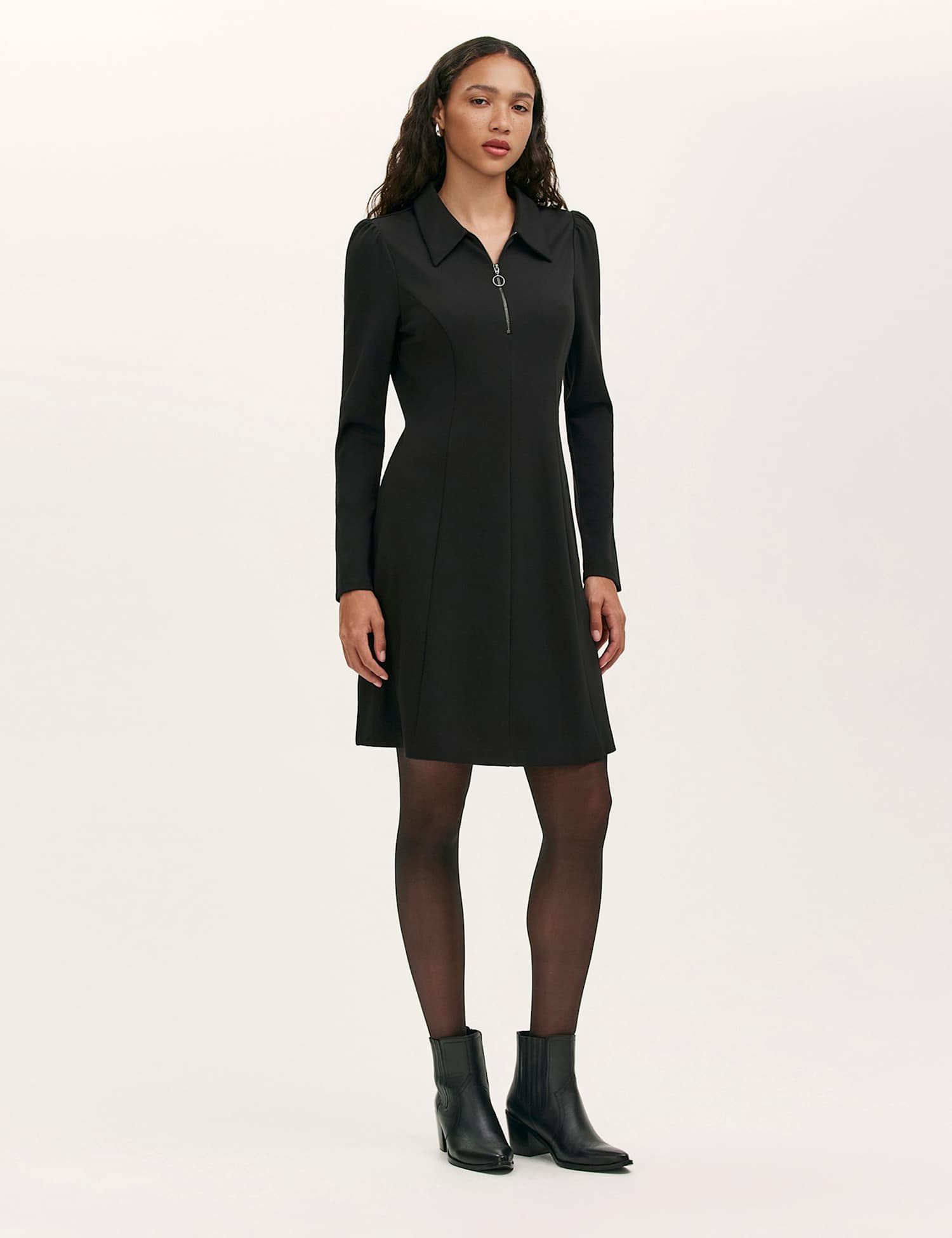 Finery London Jersey Zip Neck Knee Length Shirt Dress Black