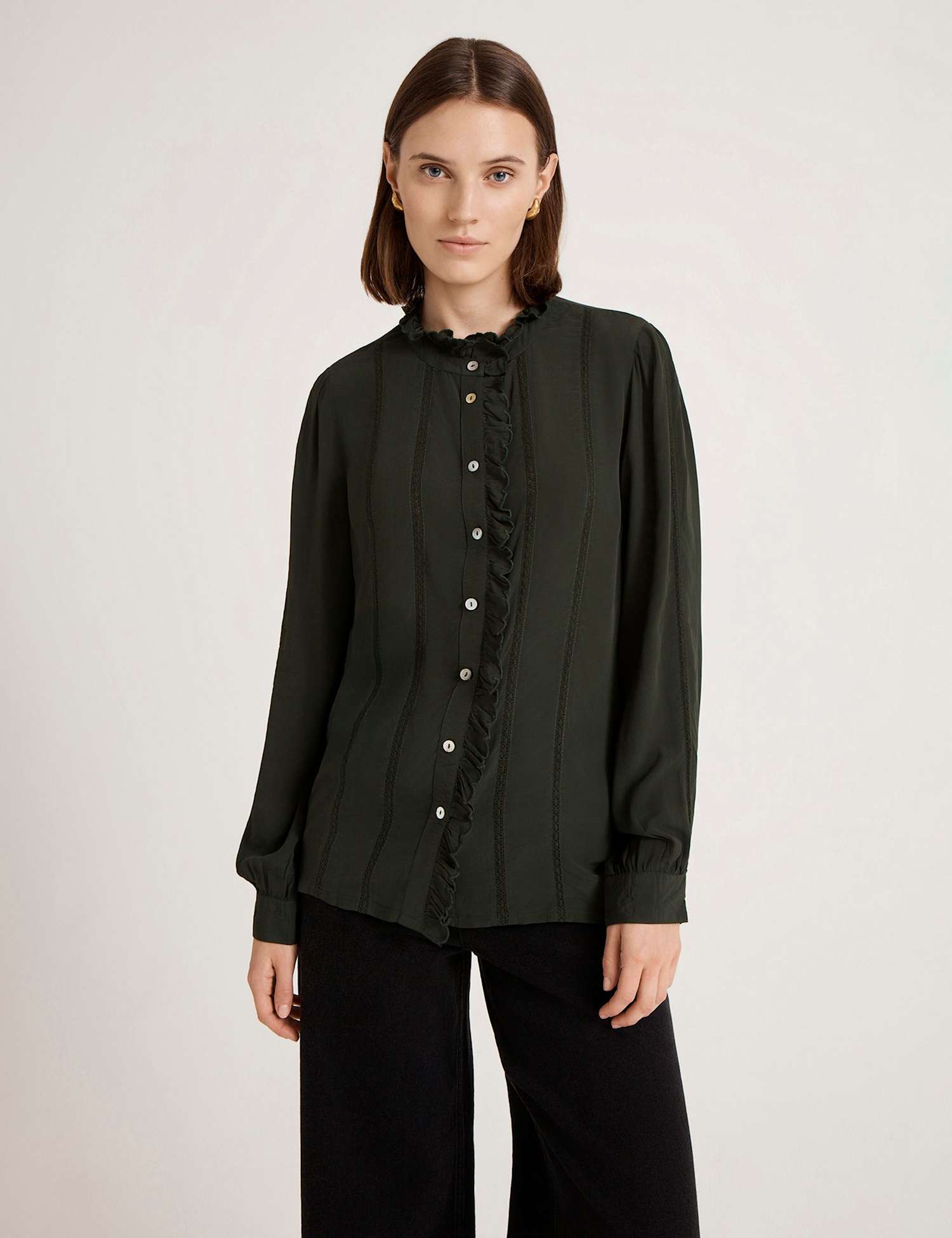 Finery London Crepe Round Neck Ruffle Blouse Green