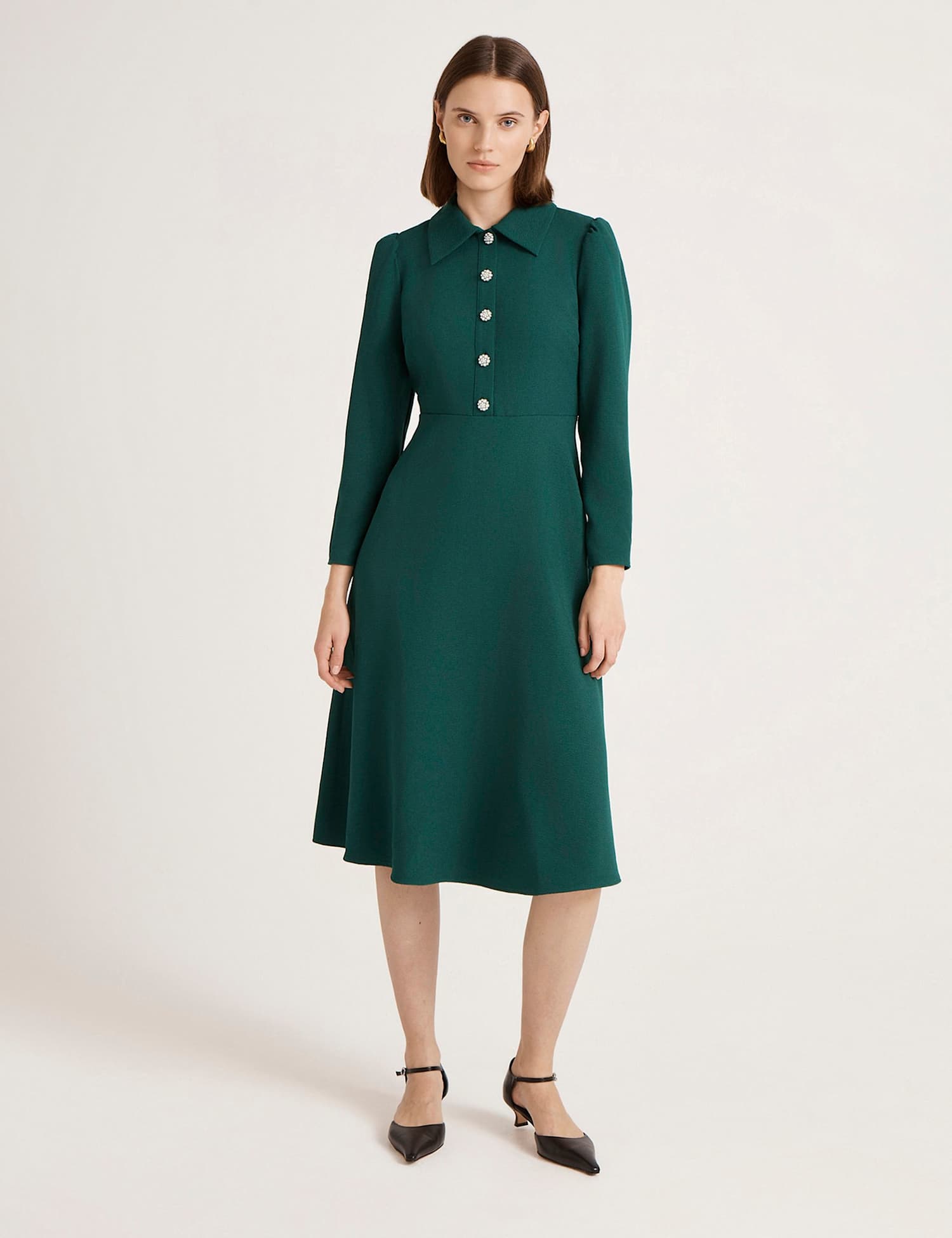 Finery London Crepe Button Front Midi Shirt Dress Green