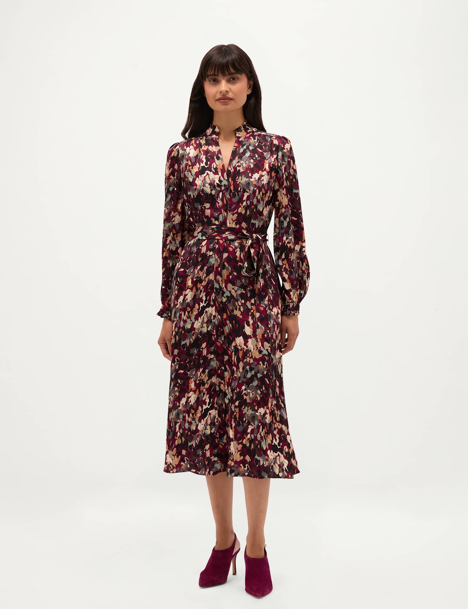 HOBBS Printed Notch Neck Tie Waist Knee Length Skater Dress Purple Mix