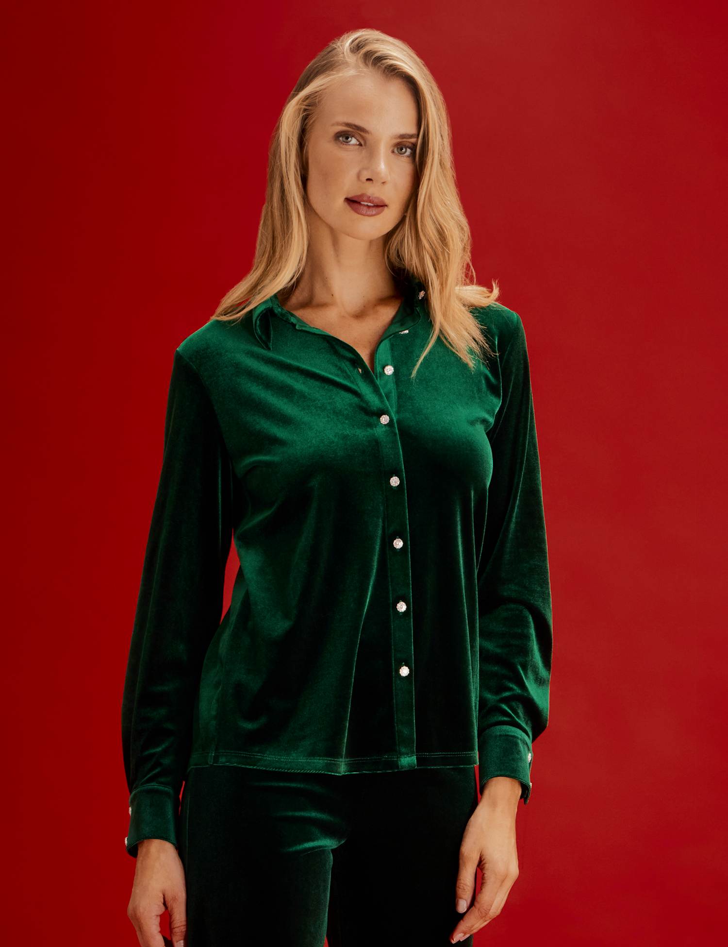 Finery London Velvet Collared Shirt Green