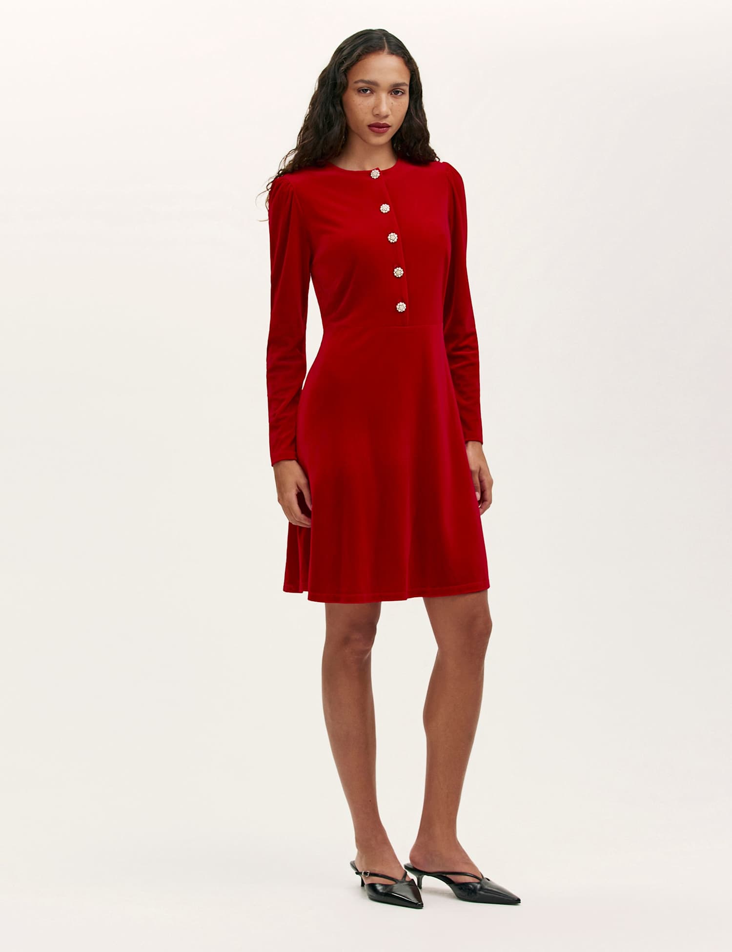 Finery London Velvet Round Neck Mini Skater Dress Red