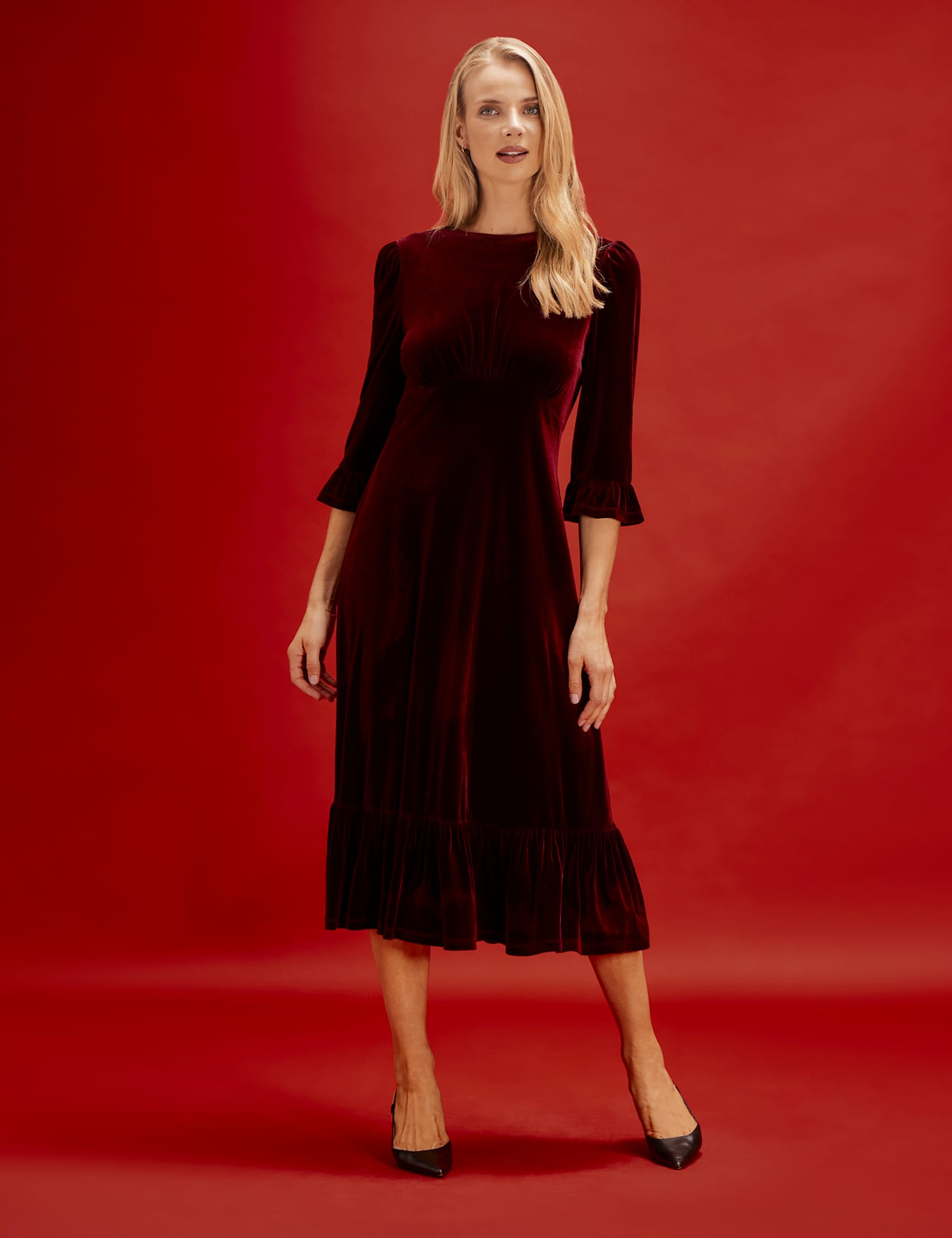 Finery London Velvet Frill Sleeve Midi Tea Dress Burgundy