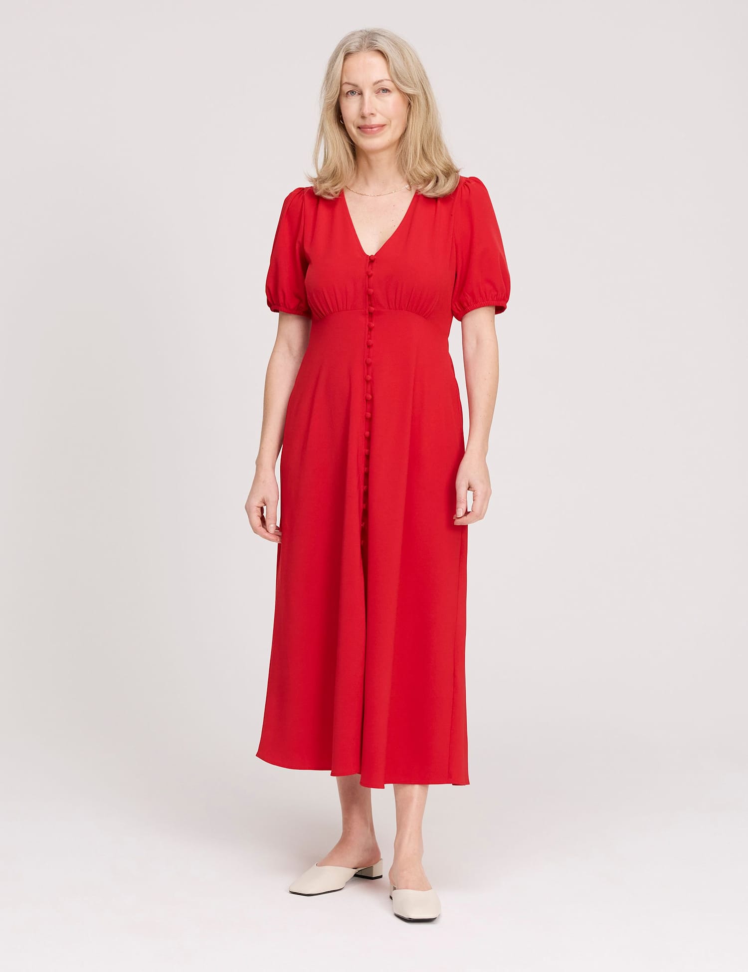 Finery London V-Neck Button Through Midi Tea Dress Red
