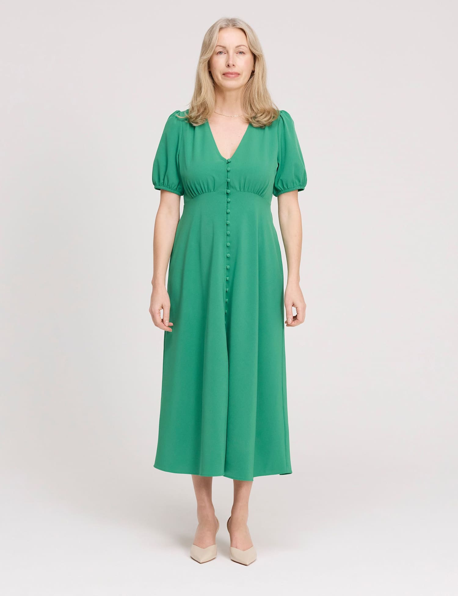 Finery London V-Neck Button Through Midi Tea Dress Green