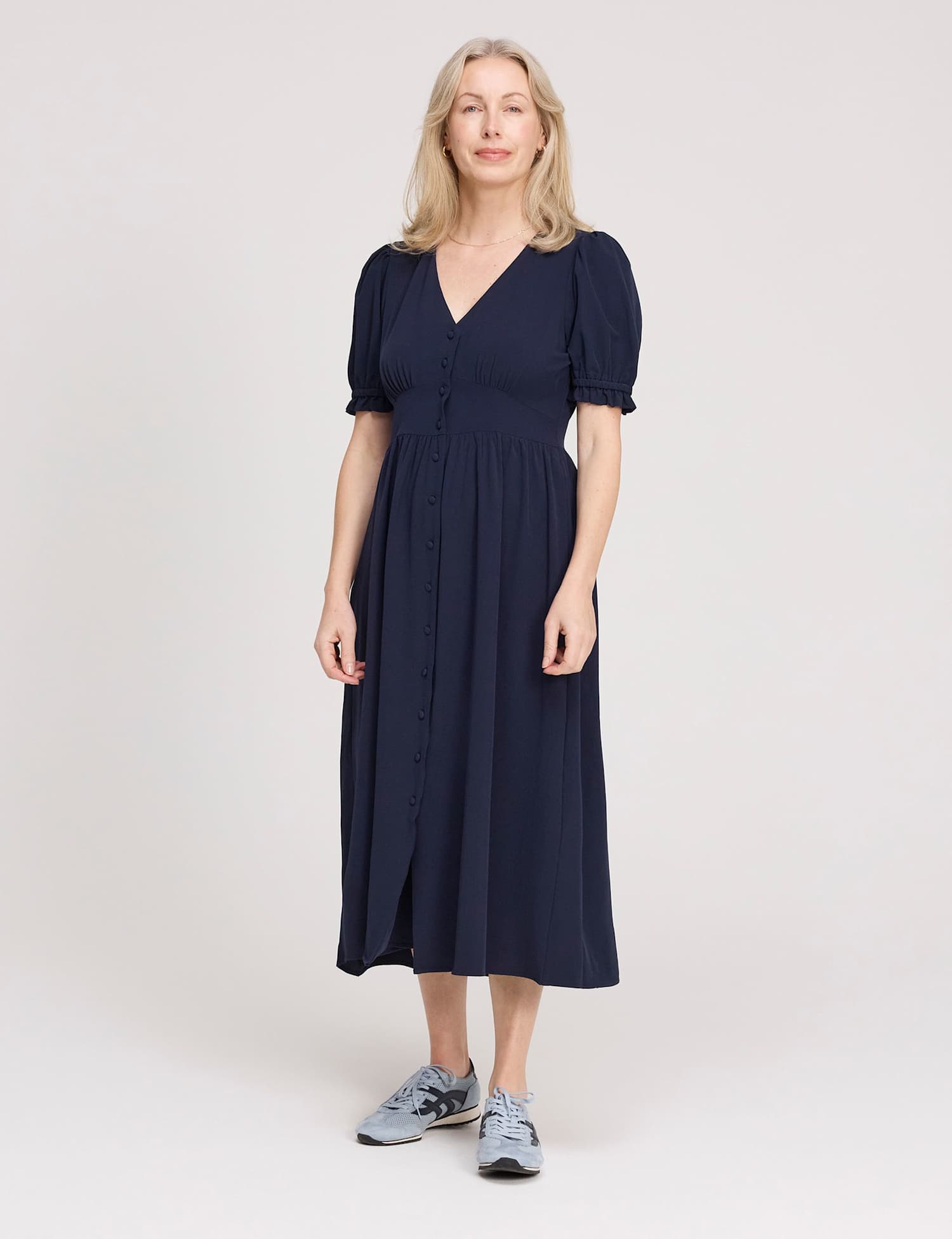 Finery London V-Neck Button Through Midi Tea Dress Navy