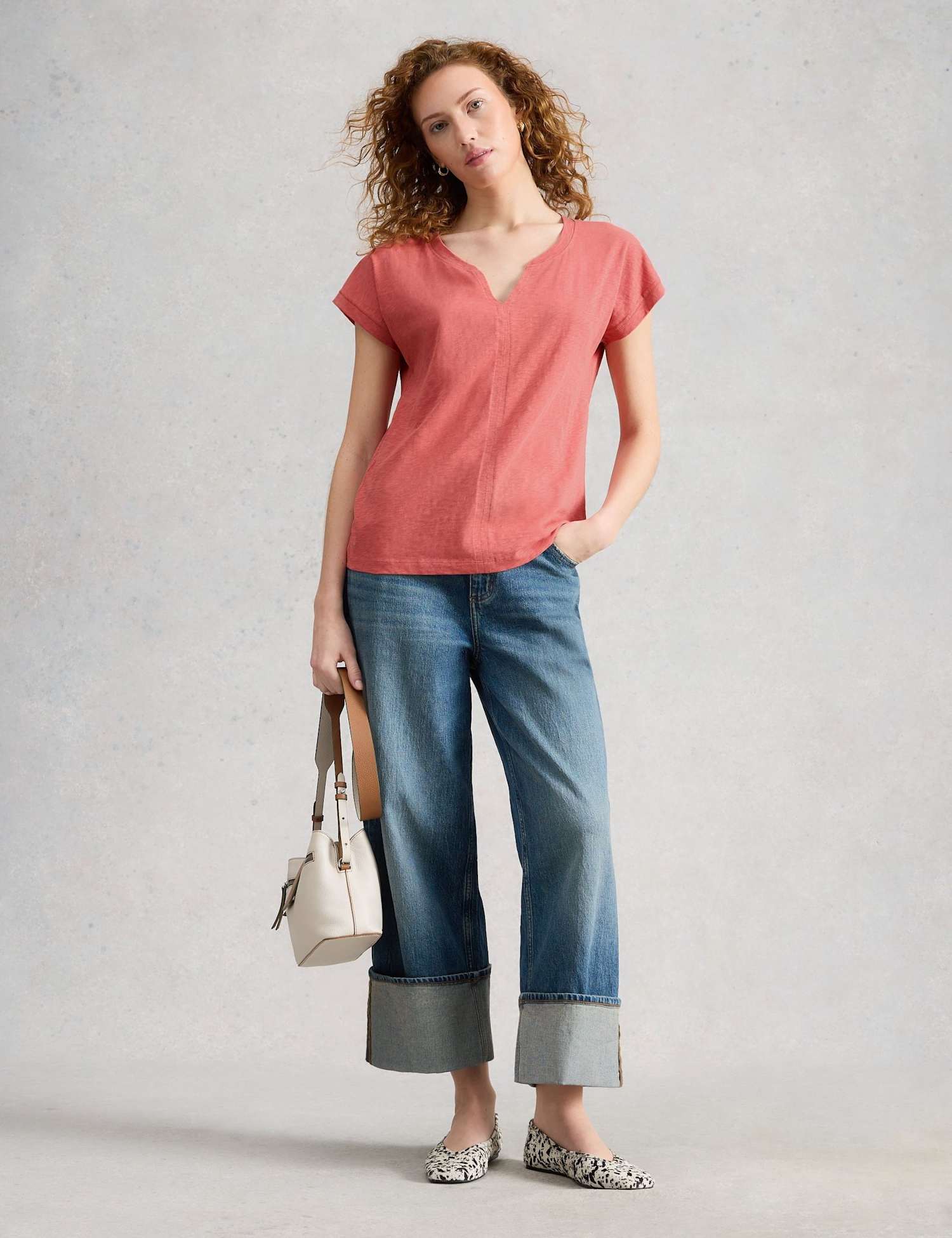White Stuff Pure Cotton Jersey V-Neck T-Shirt Pink