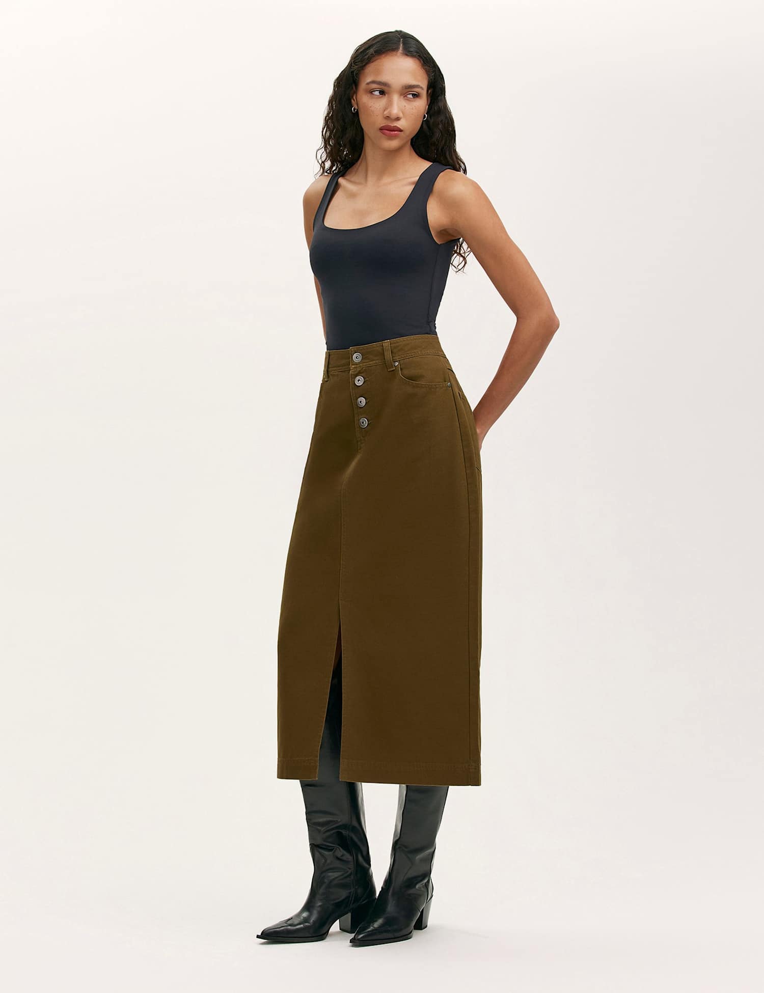 Finery London Pure Cotton Canvas Midi A-Line Skirt Khaki
