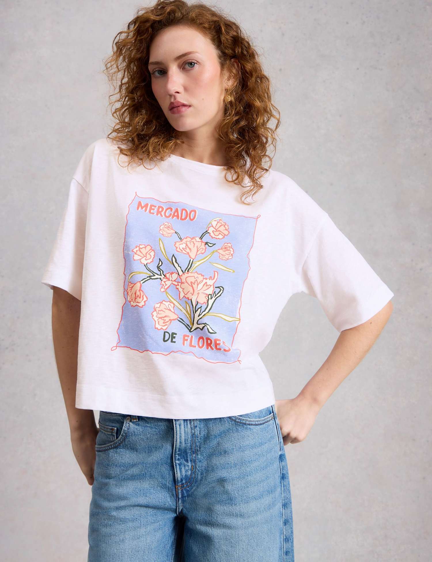 White Stuff Pure Cotton Flower Graphic T-Shirt White Mix