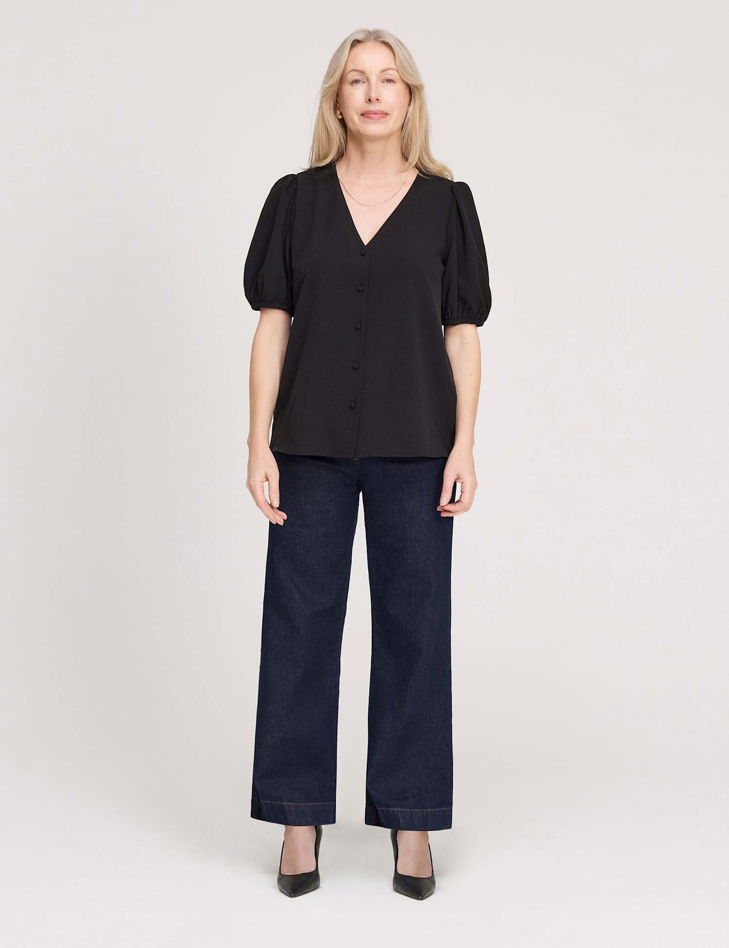 Finery London V-Neck Short Sleeve Button-Through Top Black