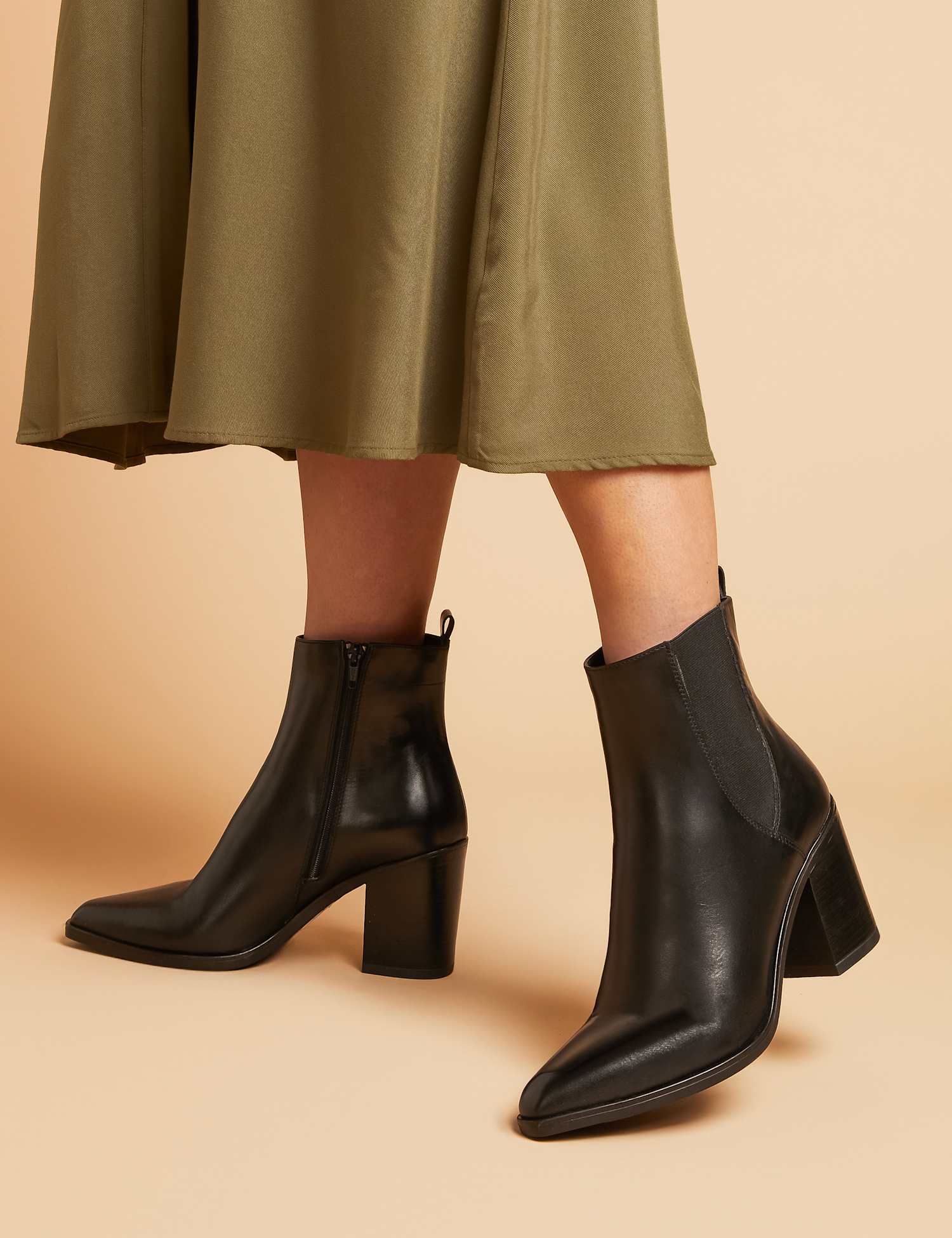 Jones Bootmaker Leather Block Heel Pointed Ankle Boots Black