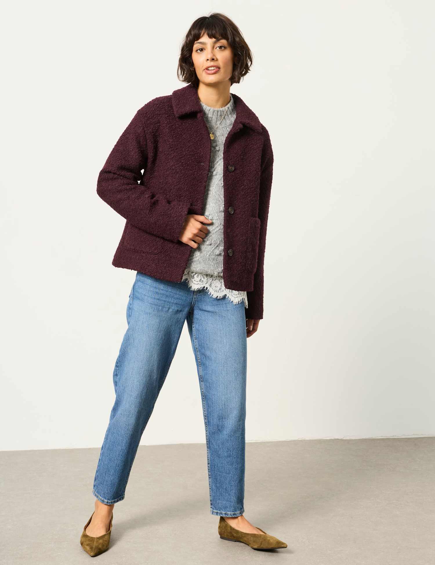 FatFace Wool Blend Textured Jacket Plum
