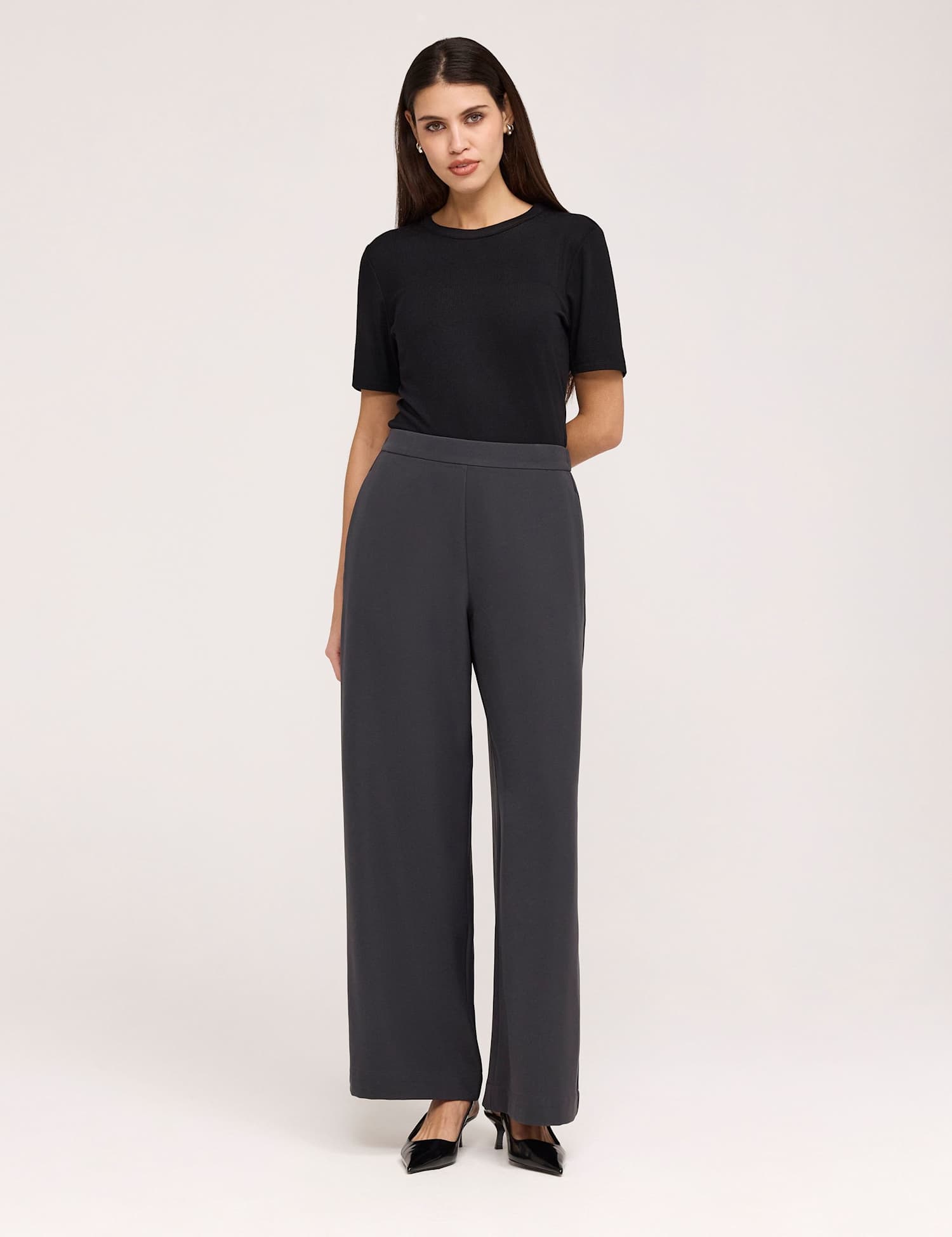 Finery London Twill Elasticated Waist Wide Leg Trousers Charcoal