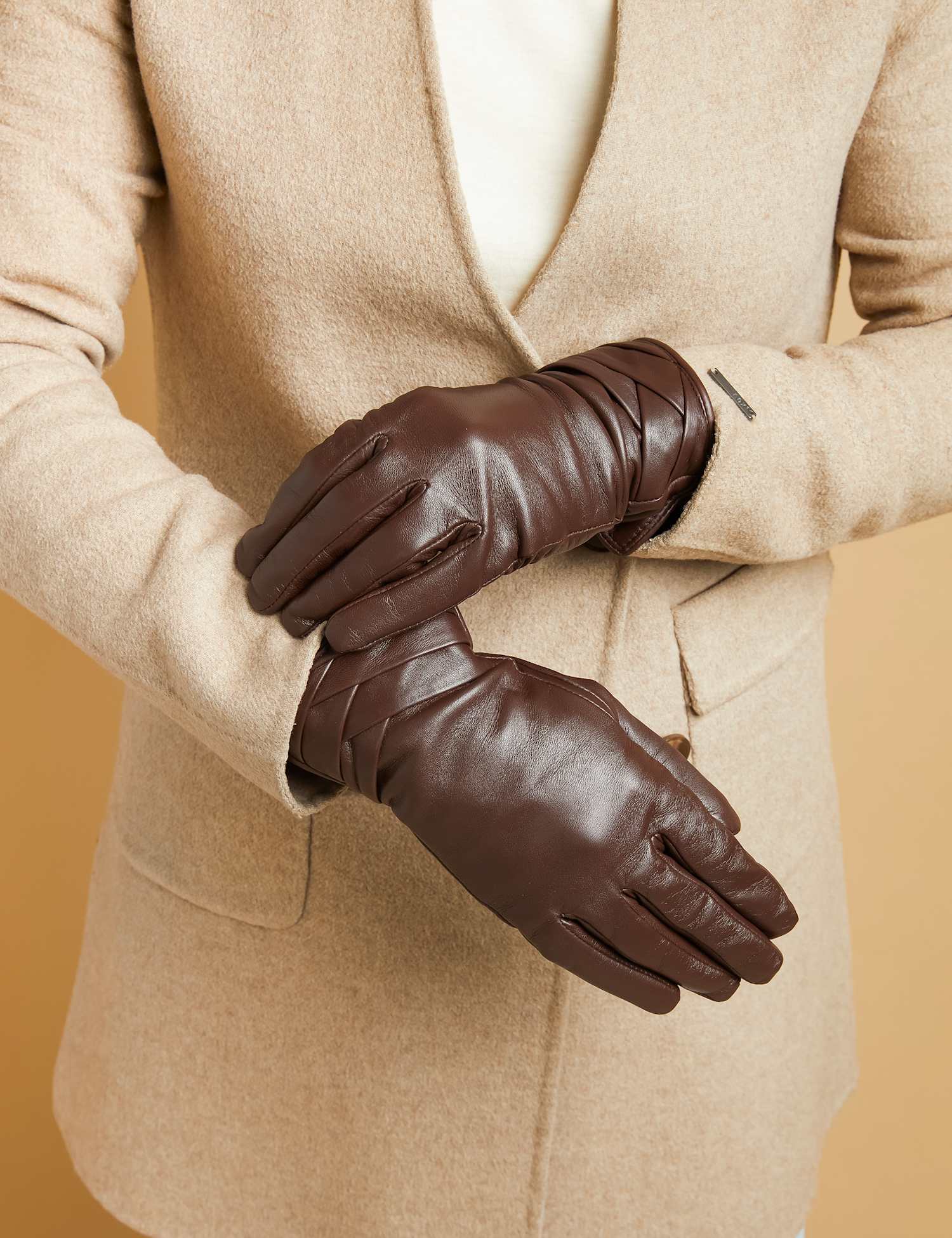 Jones Bootmaker Leather Woven Detail Warm Lined Gloves Brown