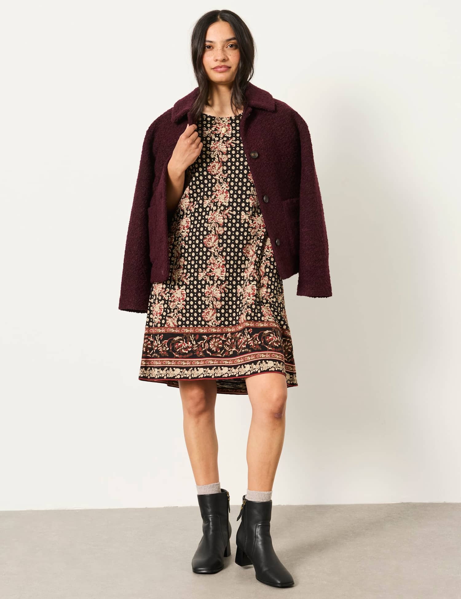 FatFace Cotton Rich Printed Mini T-Shirt Dress Black Mix