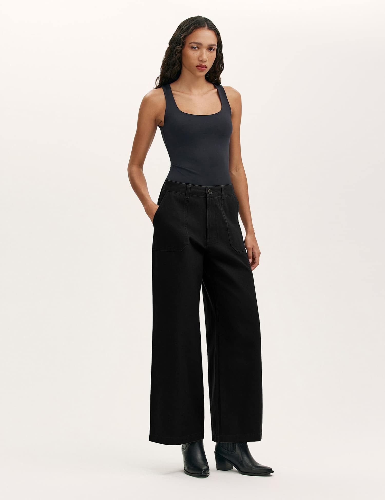 Finery London Pure Cotton Canvas Wide Leg Trousers Black