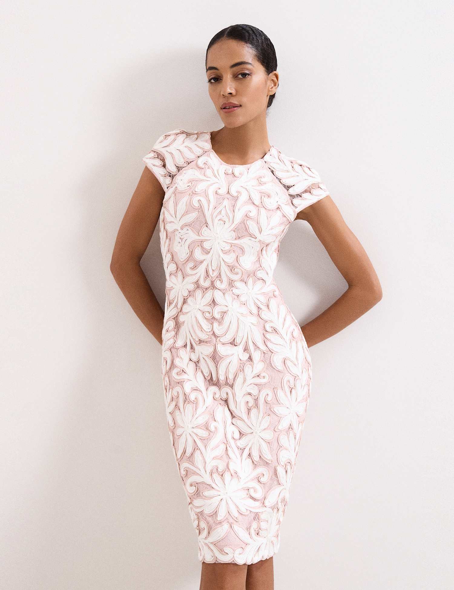 Phase Eight Embroidered Lace Knee Length Dress Light Pink Mix