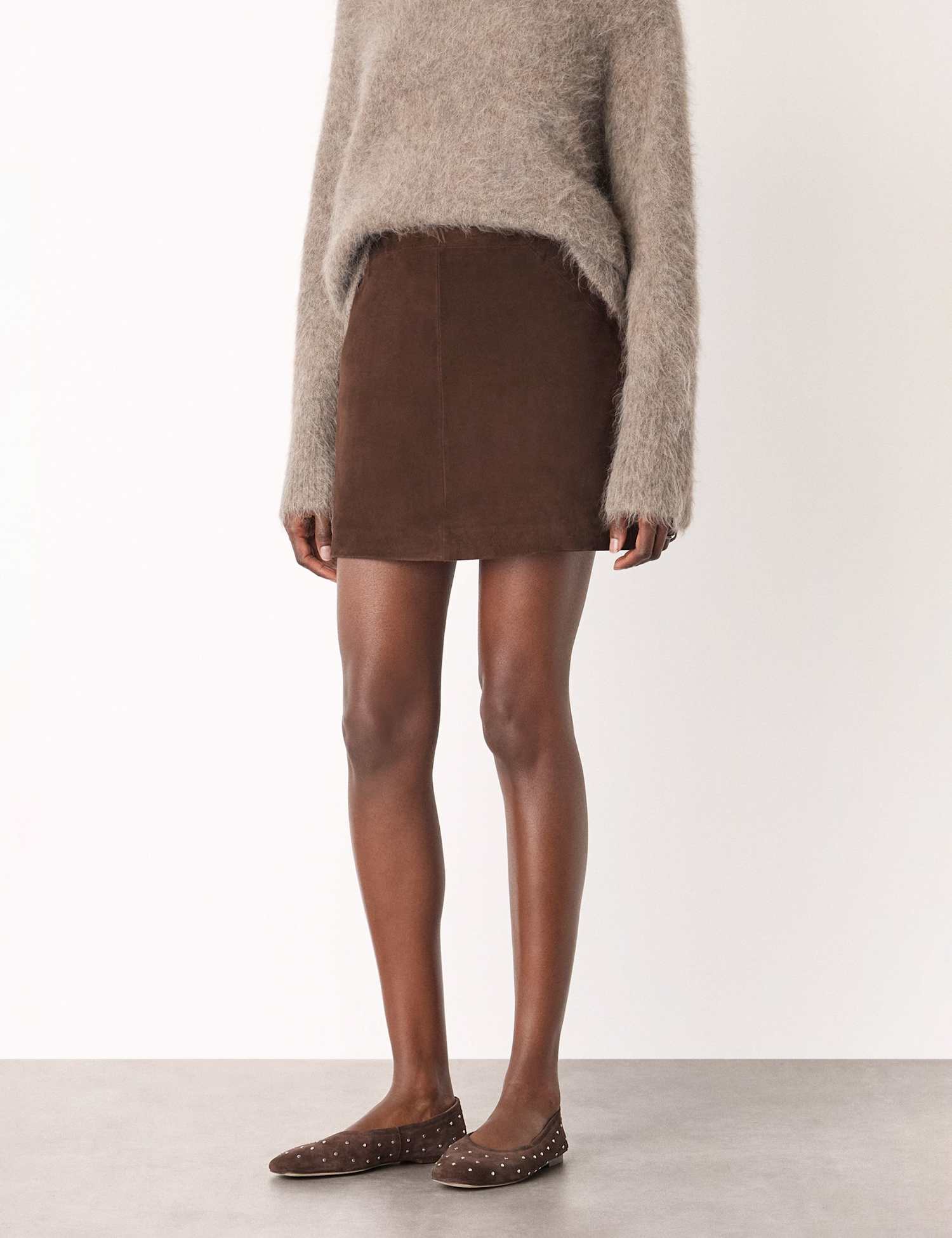 Whistles Suede Mini A-Line Skirt Chocolate