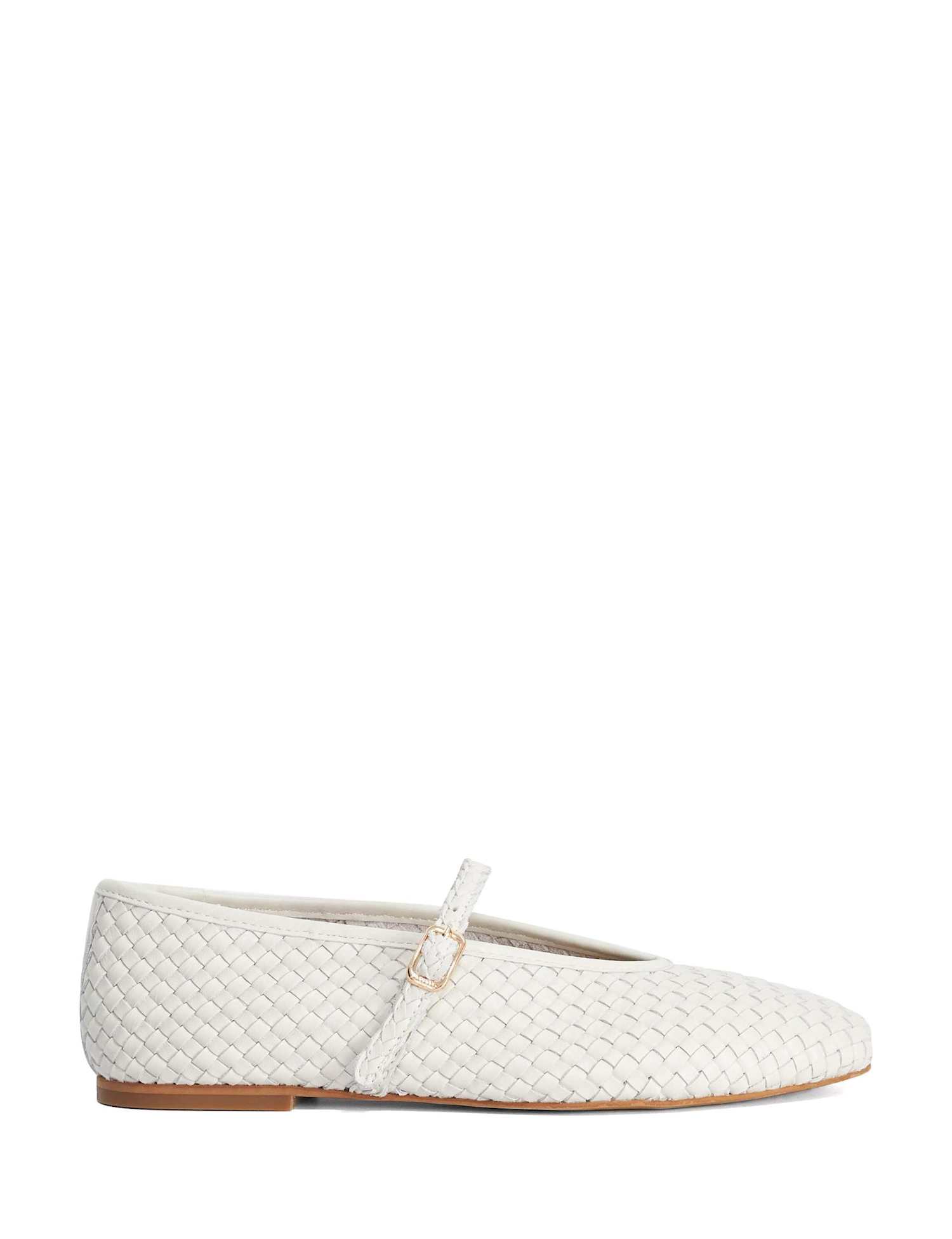 Dune London Wide Fit Leather Woven Buckle Flat Ballet Pumps Ecru