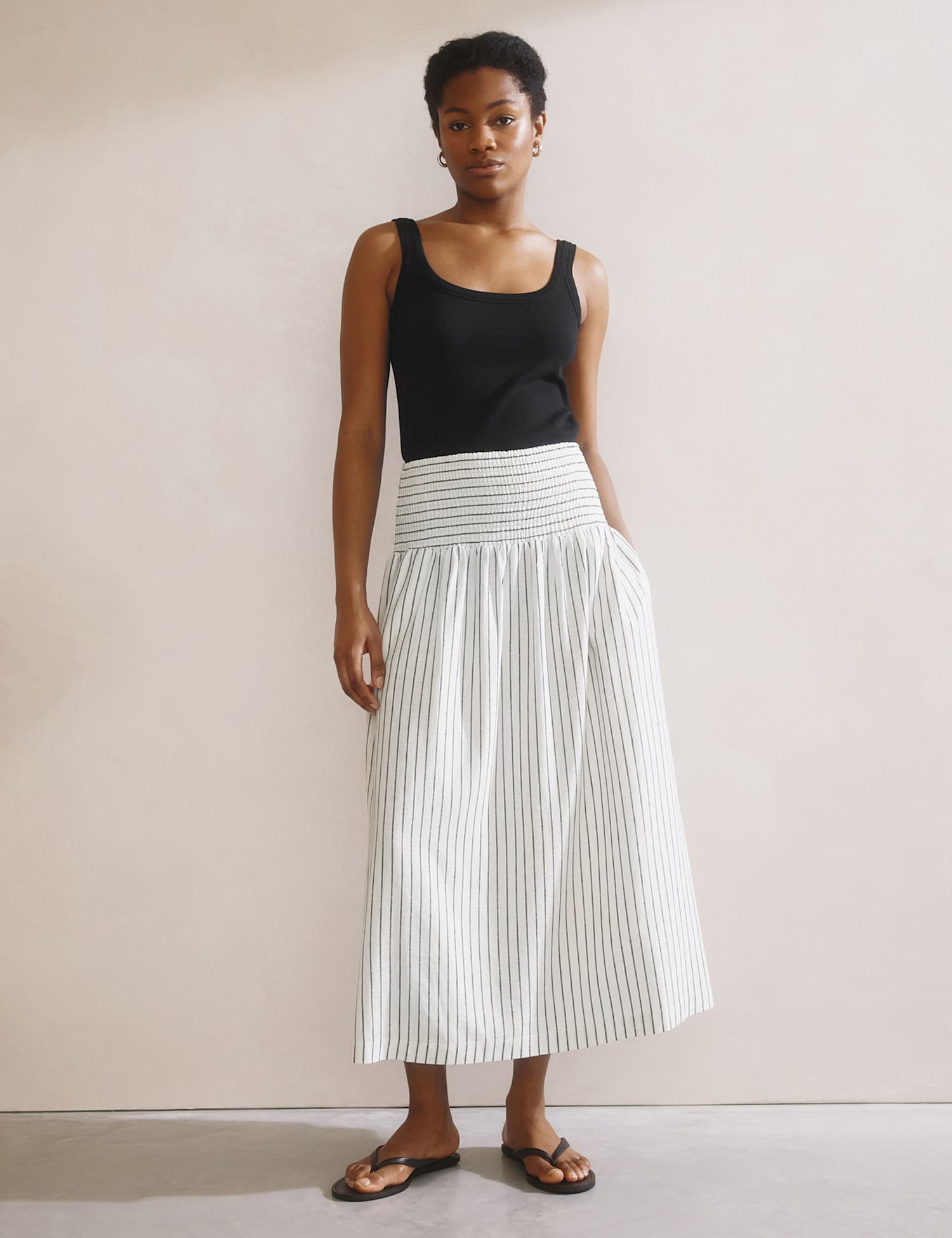 Albaray Linen Blend Striped Midi A-Line Skirt White Mix