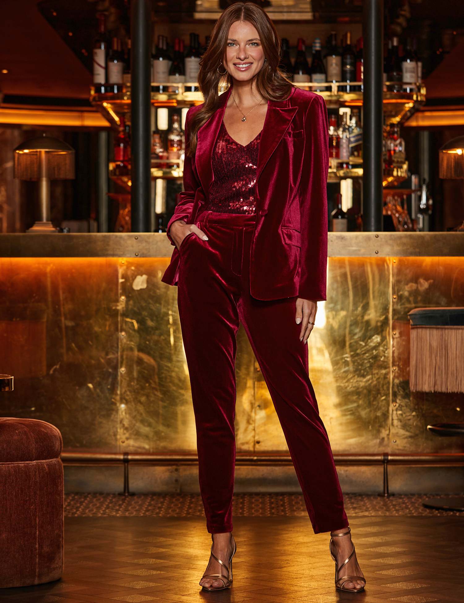 SOSANDAR Velvet Tapered Trousers Red