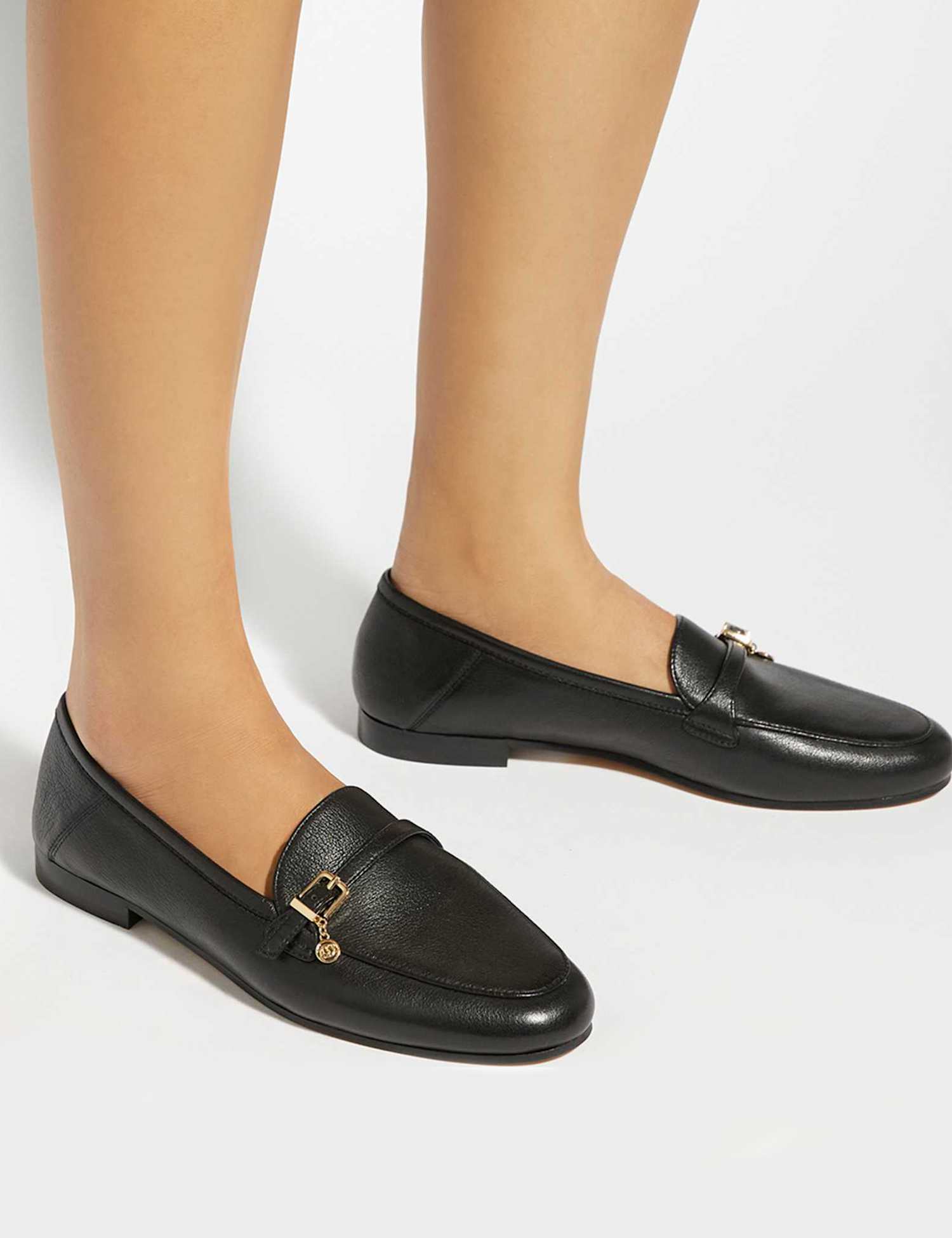 Dune London Leather Buckle Slip On Flat Loafers Black