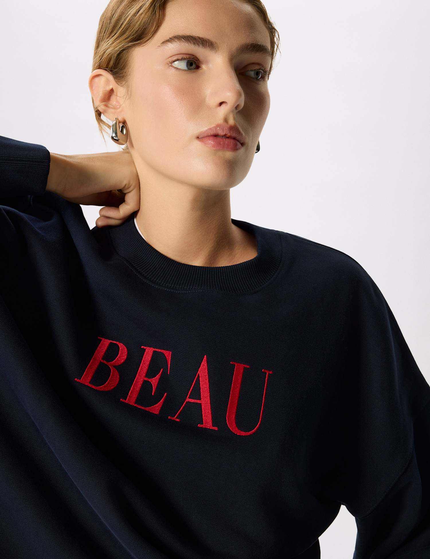 Whistles Pure Cotton Beau Slogan Sweatshirt Navy