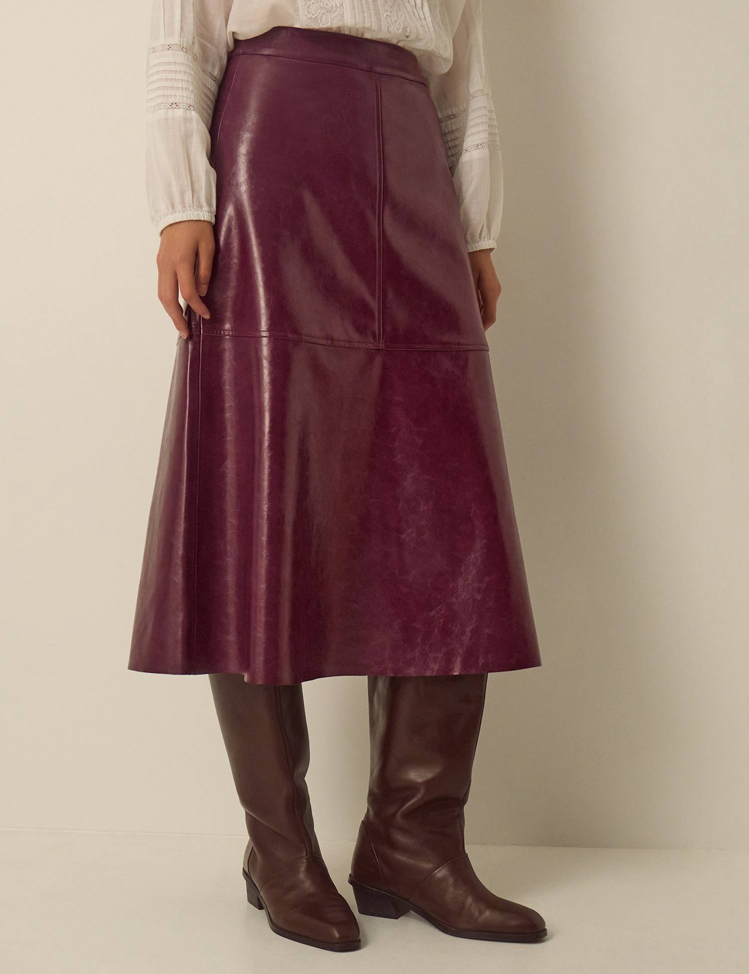 Monsoon Faux Leather Midi A Line Skirt Burgundy