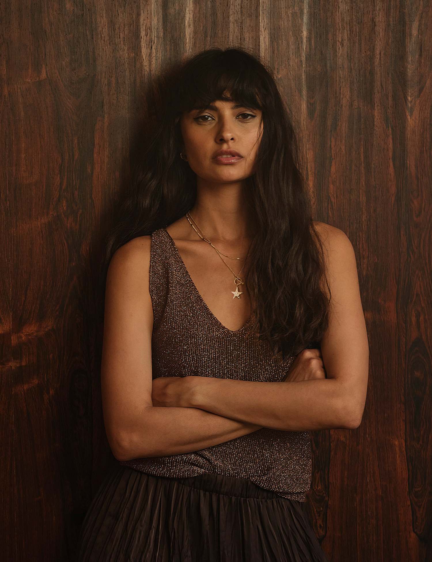 FatFace Sparkly V-Neck Vest Top Bronze