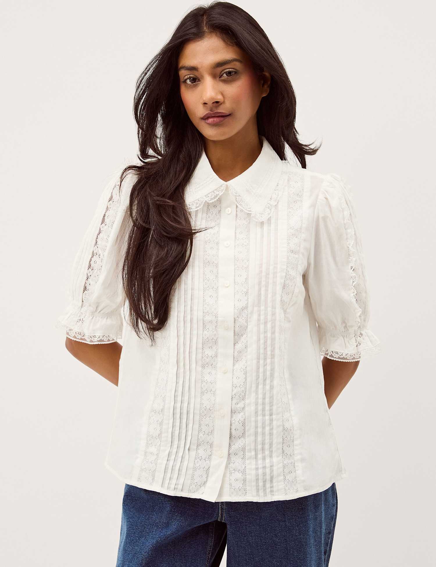 Monsoon Pure Cotton Lace Insert Puff Sleeve Shirt White
