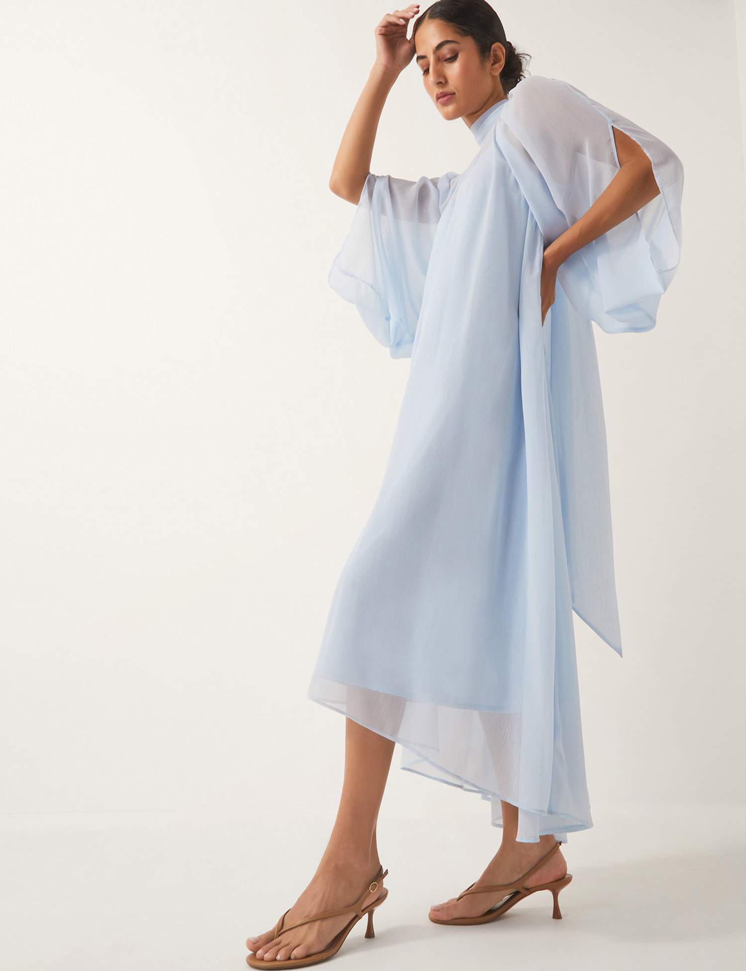 Monsoon Chiffon High Neck Maxi Dress Pale Blue