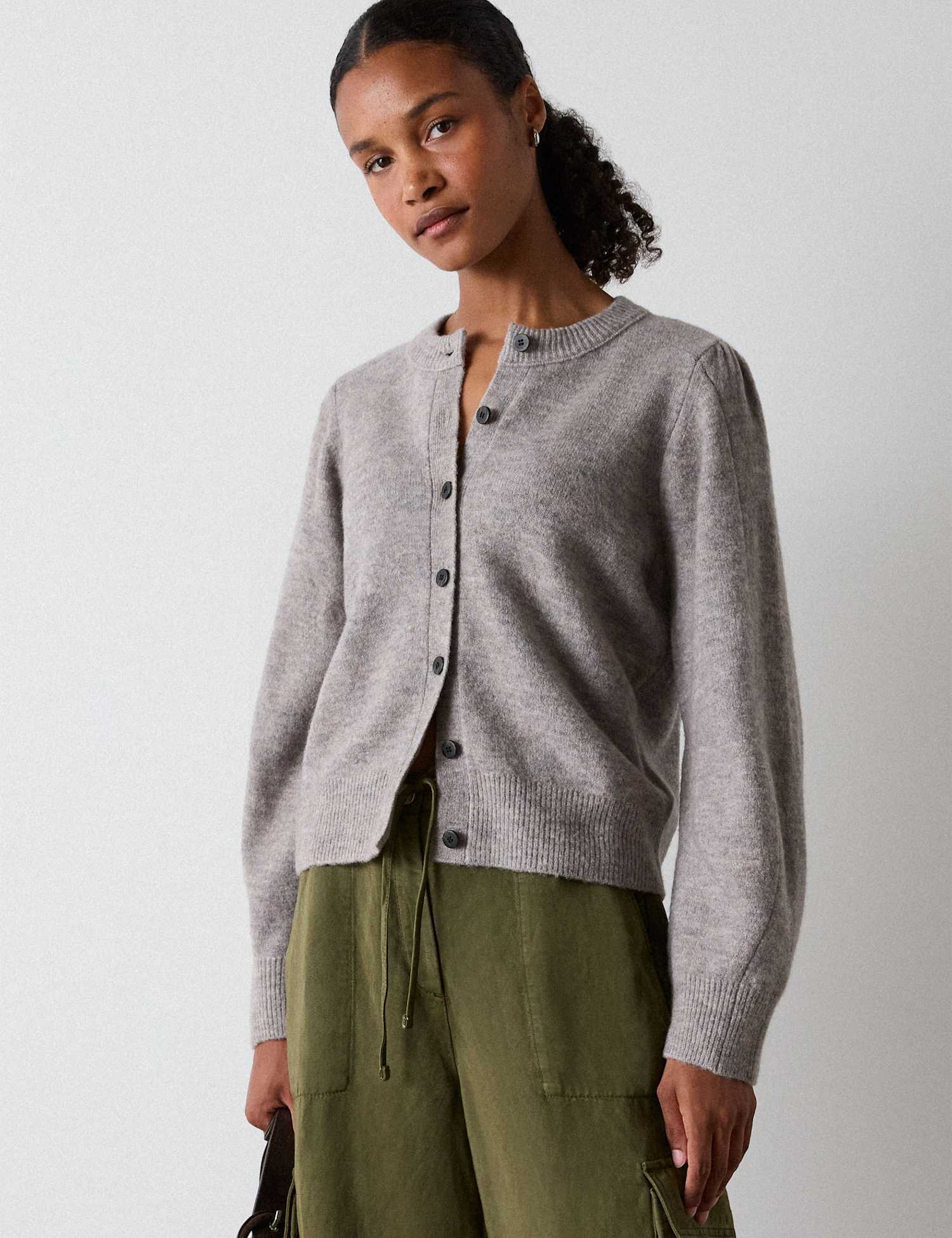 Whistles Wool Blend Puff Sleeve Mini Cardigan Neutral