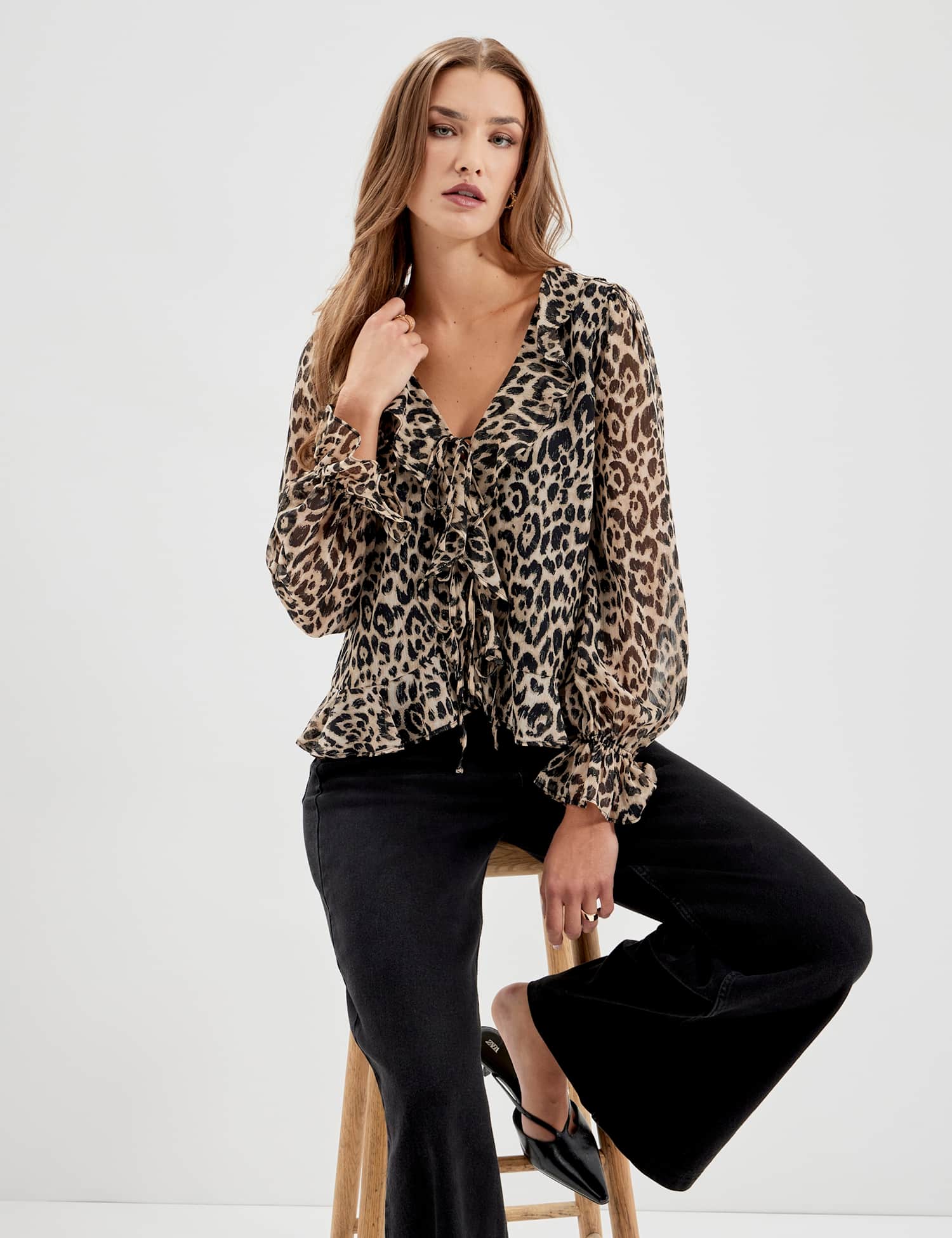 Finery London Chiffon Animal Print V Neck Tie Front Blouse Natural Mix