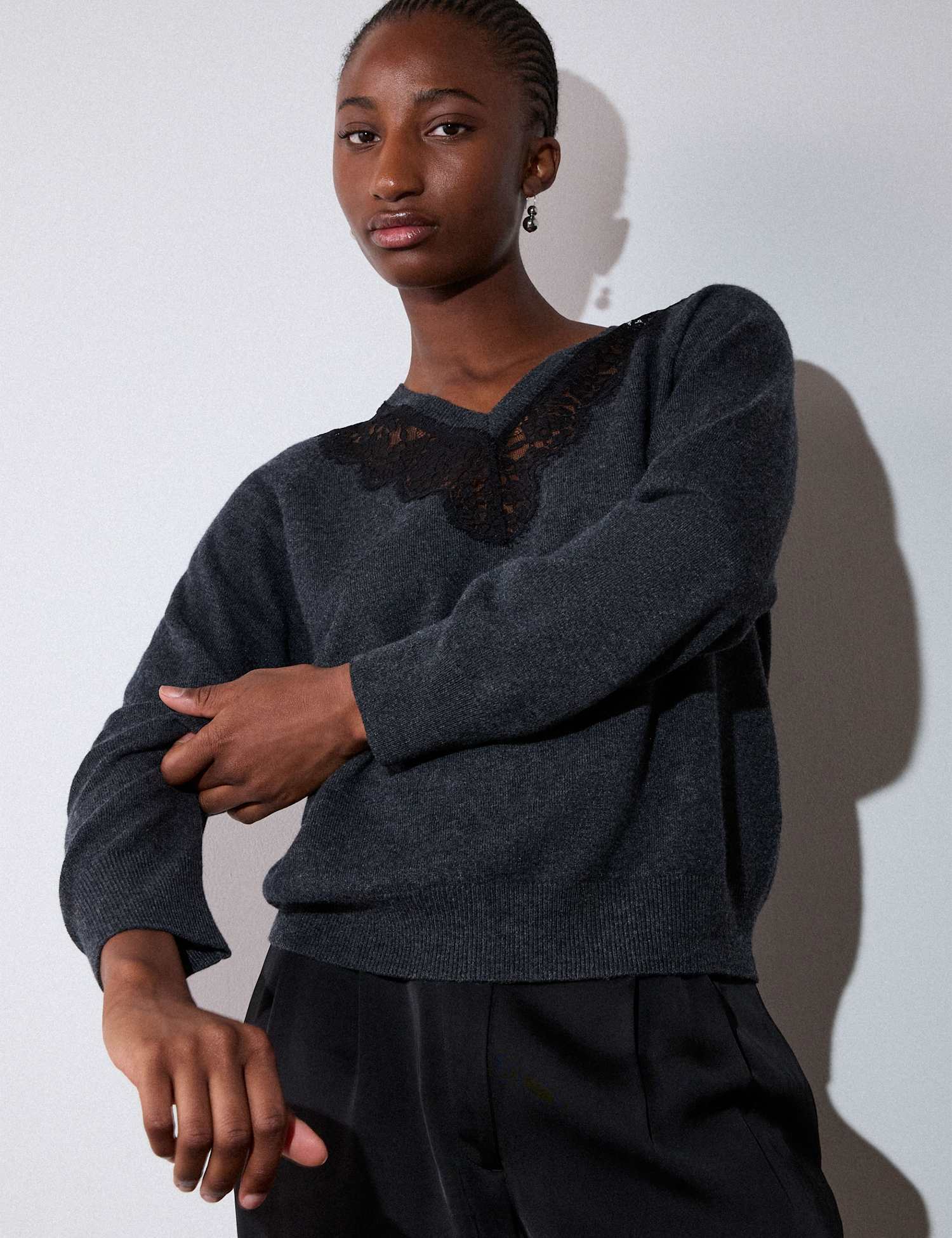 Whistles Wool Blend V-Neck Lace Trim Knitted Top Dark Grey