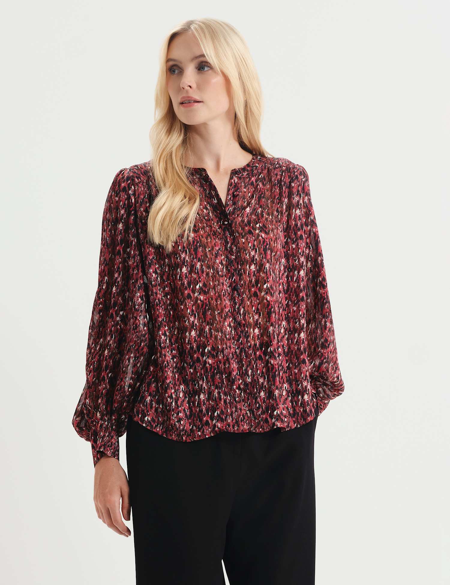 Finery London Chiffon Animal Print Button Through Blouse Burgundy Mix