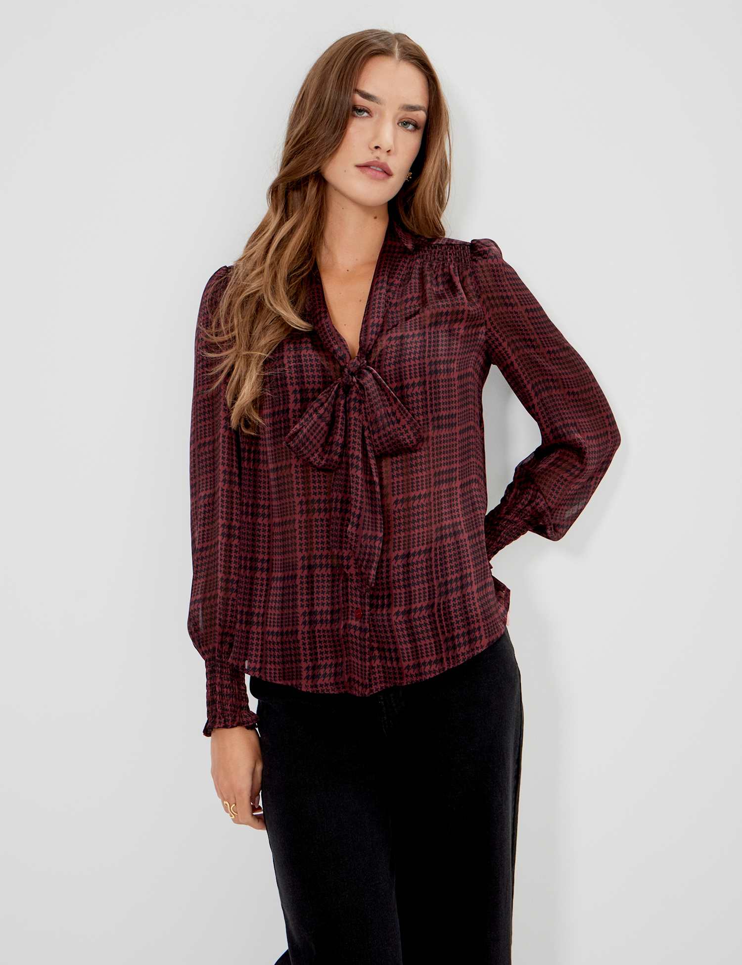 Finery London Satin Printed Tie Neck Blouse Burgundy Mix