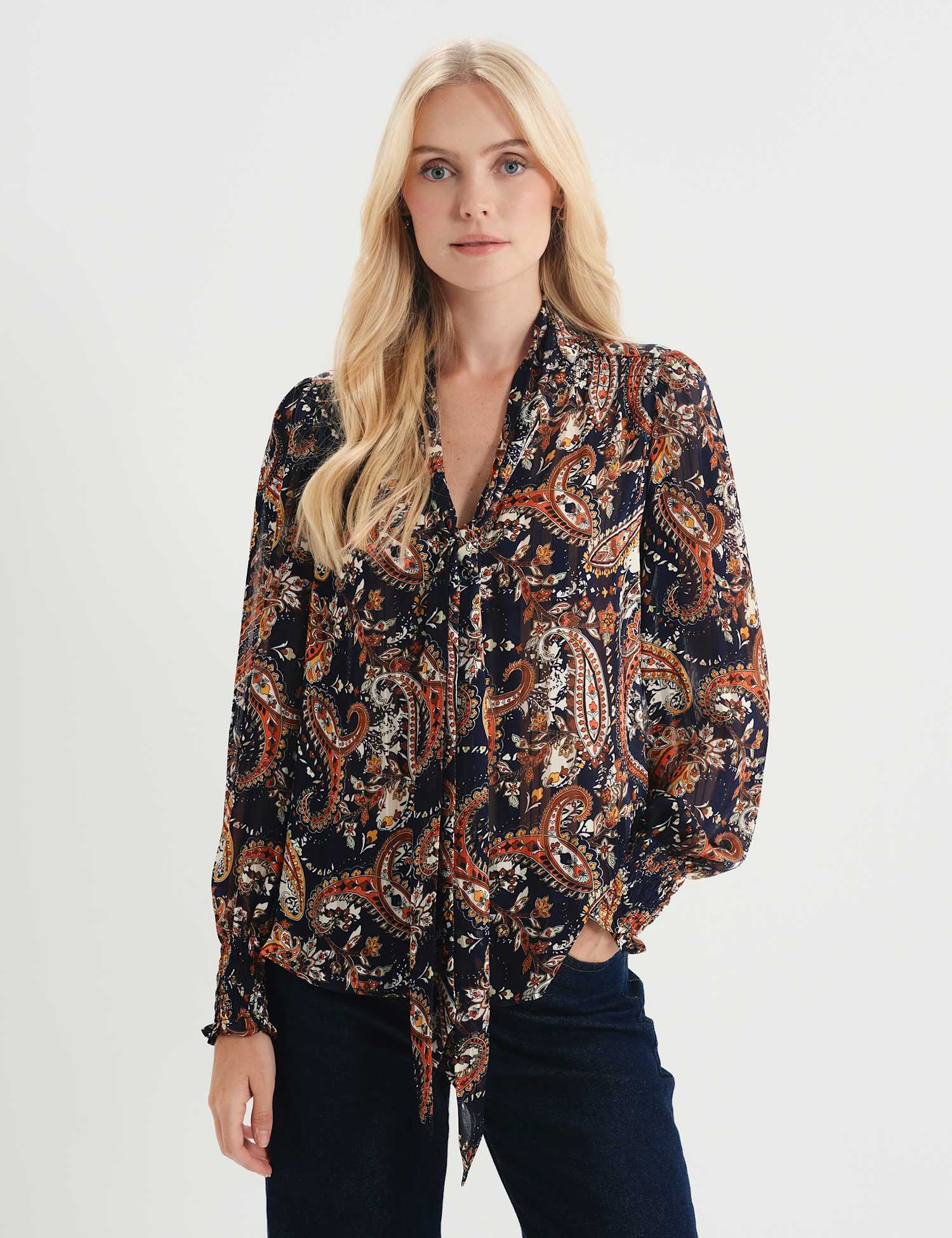 Finery London Satin Paisley Tie Neck Blouse Dark Navy Mix