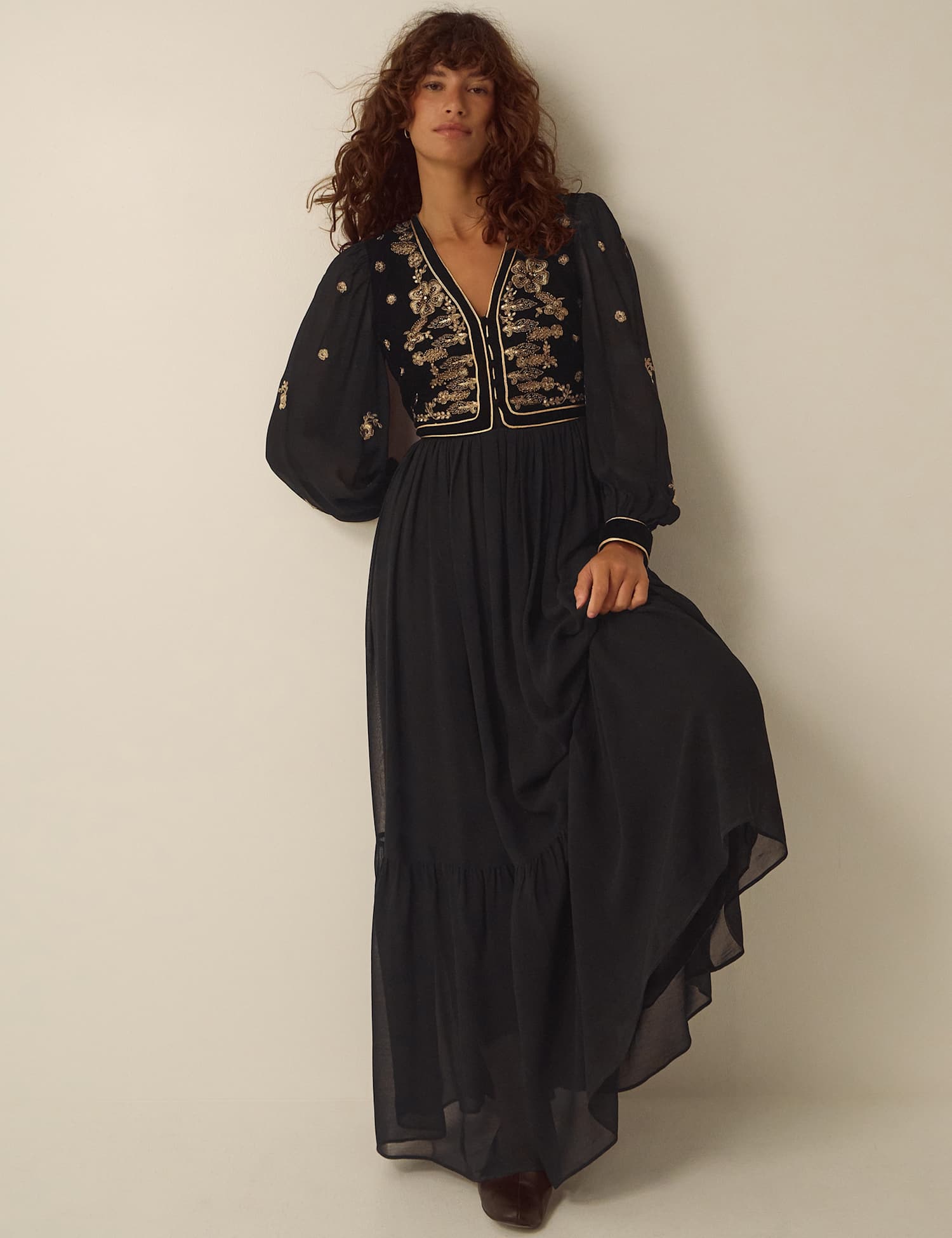 Monsoon Velvet Embroidered V-Neck Maxi Tea Dress Black Mix