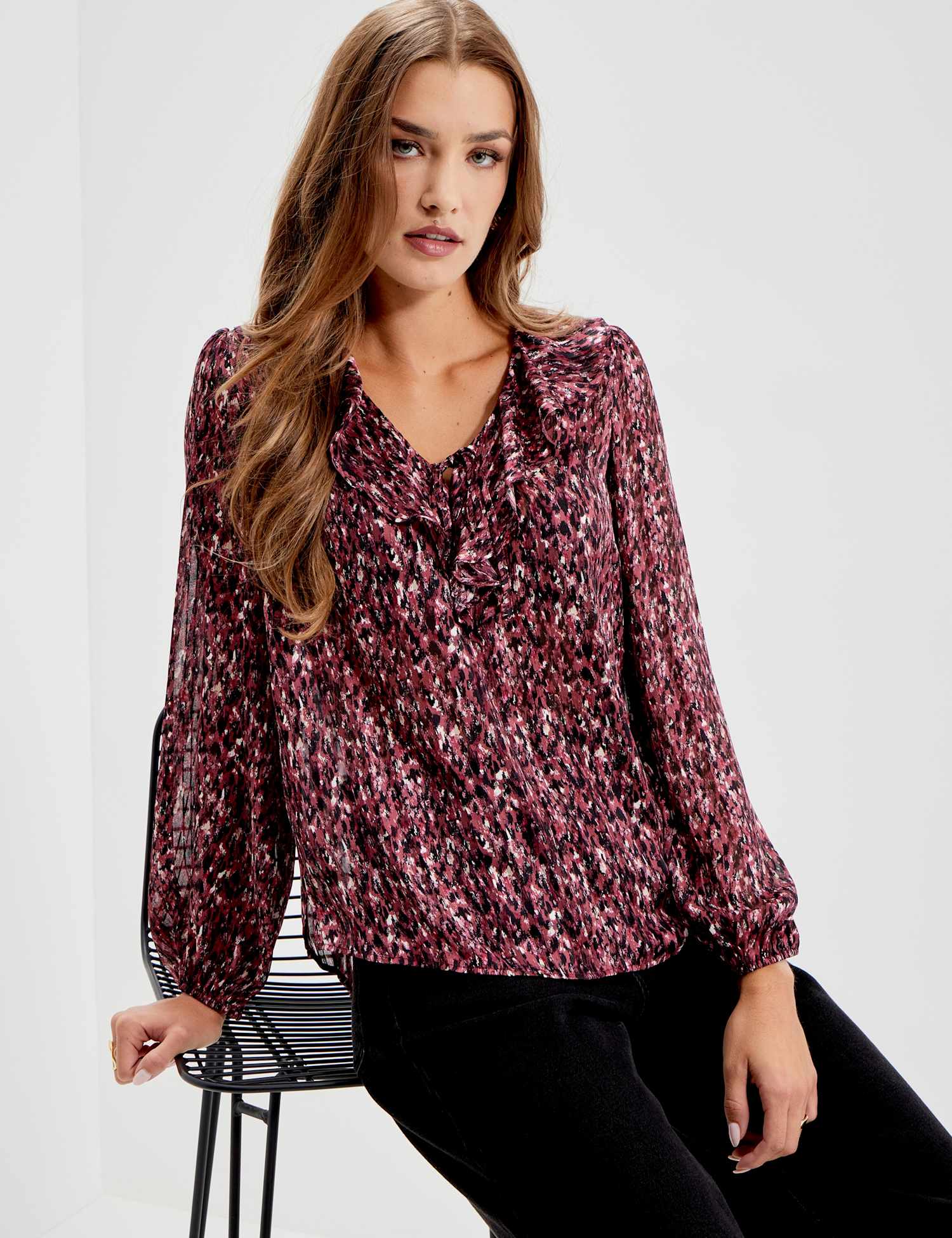 Finery London Printed Satin Chiffon Ruffle Blouse Burgundy Mix