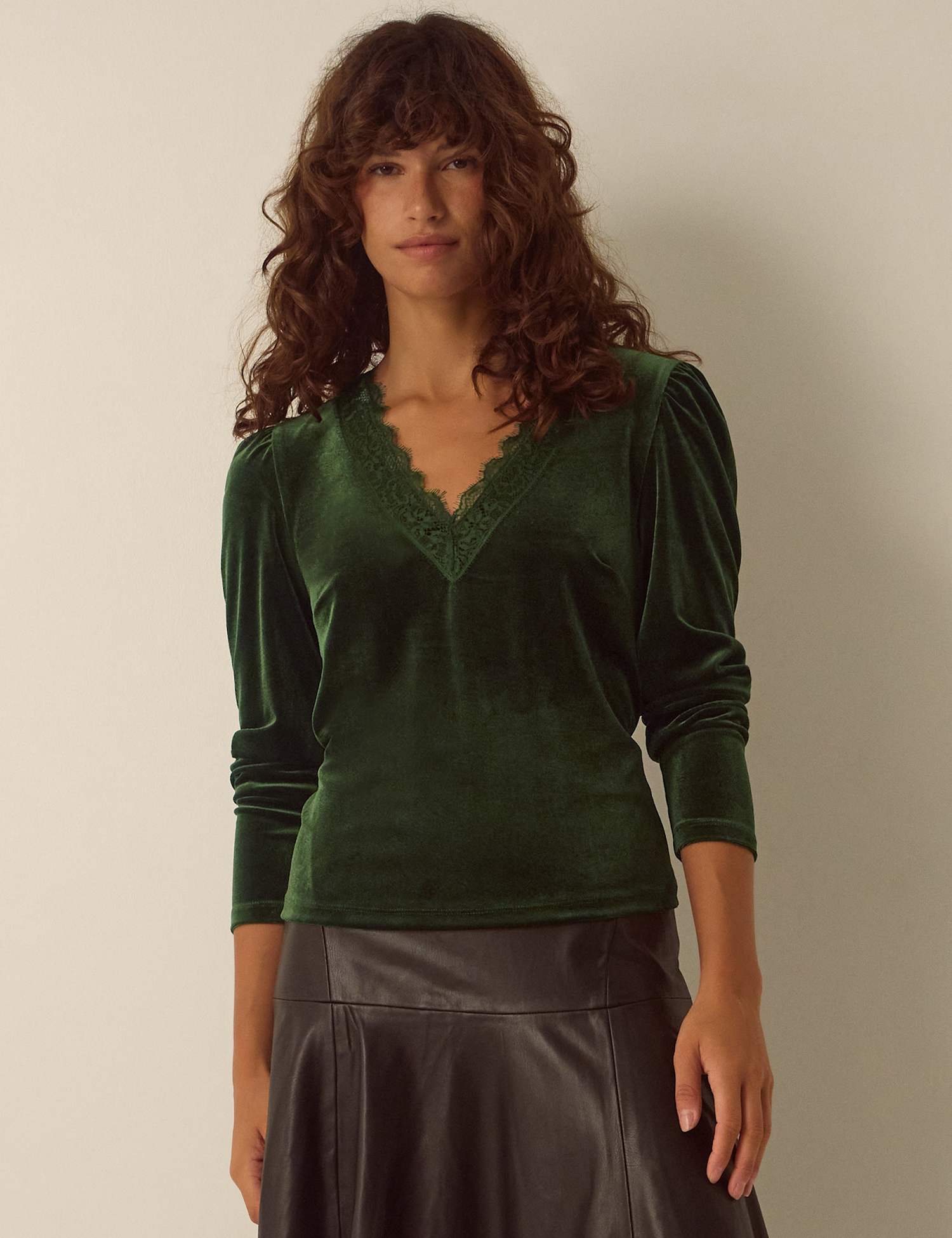 Monsoon Velvet Lace V-Neck Blouse Olive
