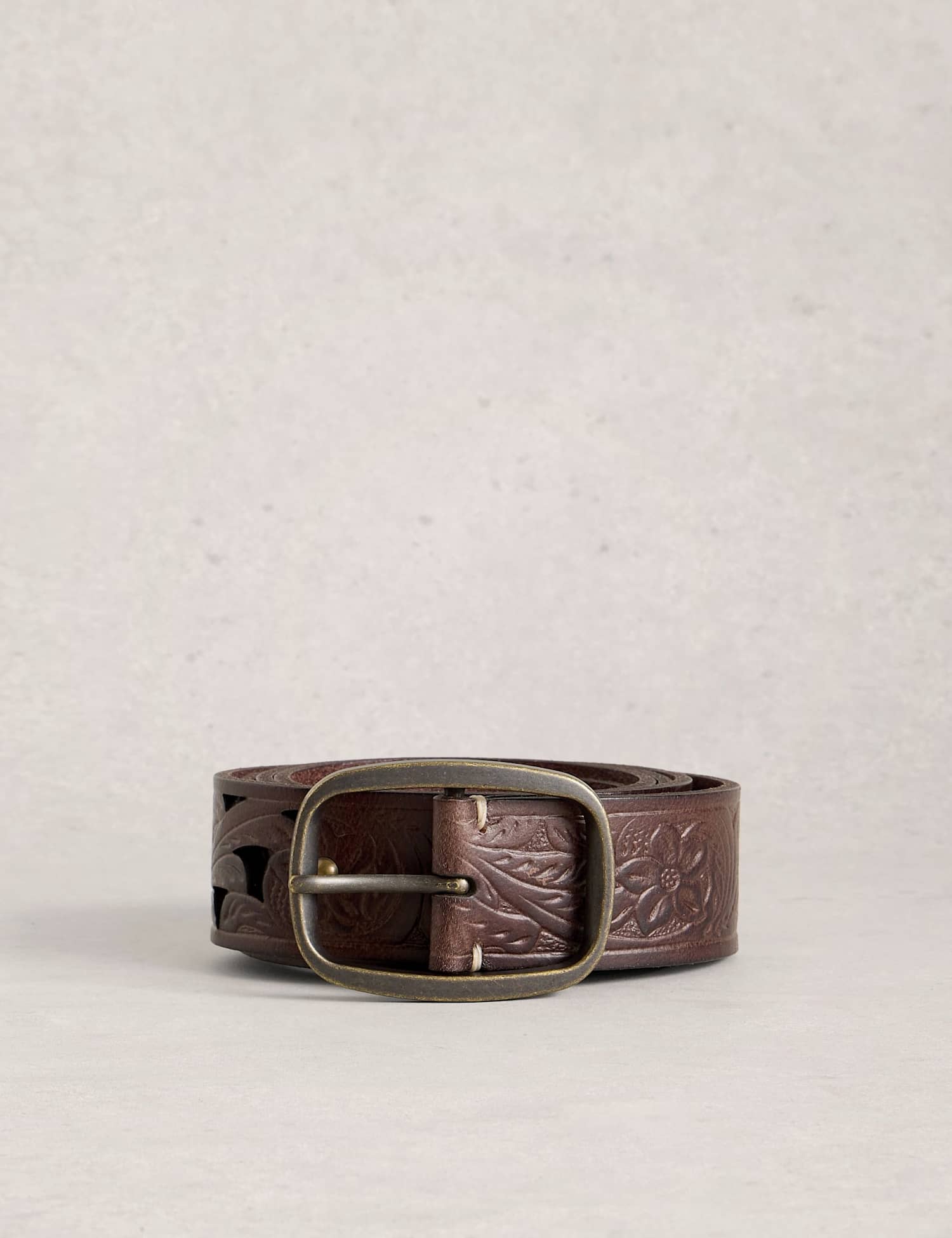 White Stuff Leather Floral Punch Out Jeans Belt Brown