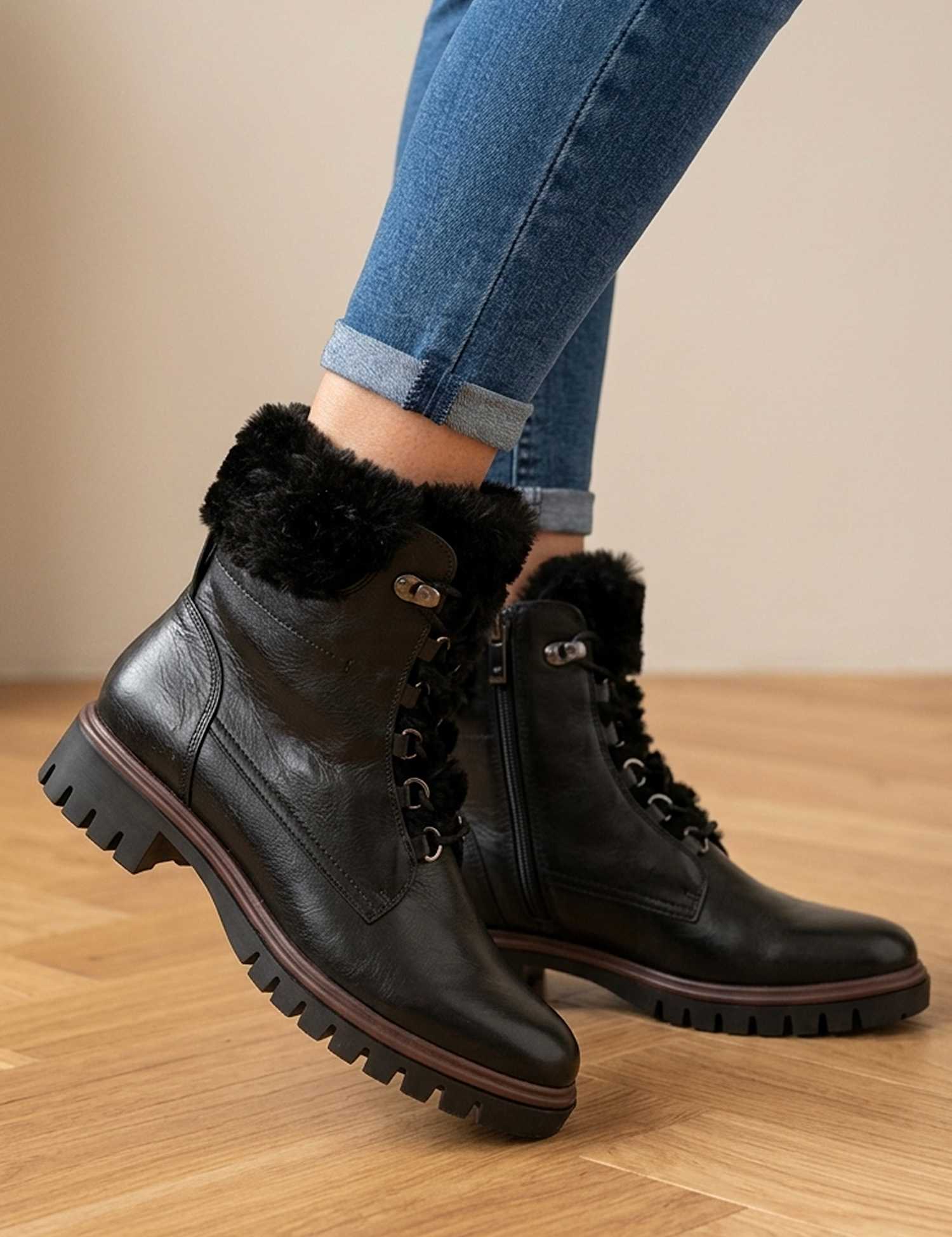 Jones Bootmaker Leather Faux Fur Trim Block Heel Round Toe Ankle Boots Black